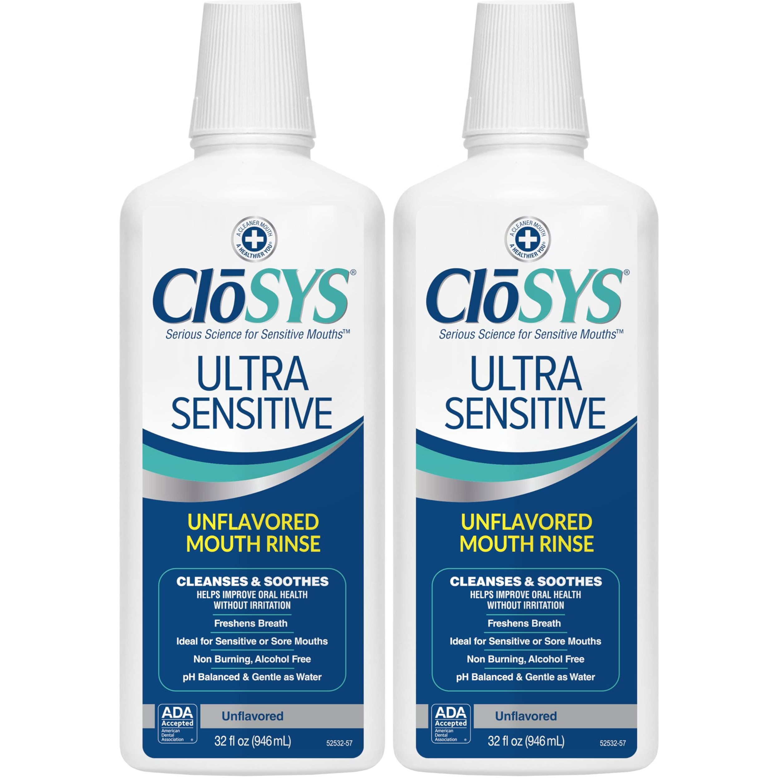 Closys Ultra Sensitive Mouthwash  32 Ounce (Pack Of 2)  Unflavored (Optional Flavor Dropper Included)  Alcohol Free  Dye Free  Ph Balanced  Helps Soothe Entire Mouth