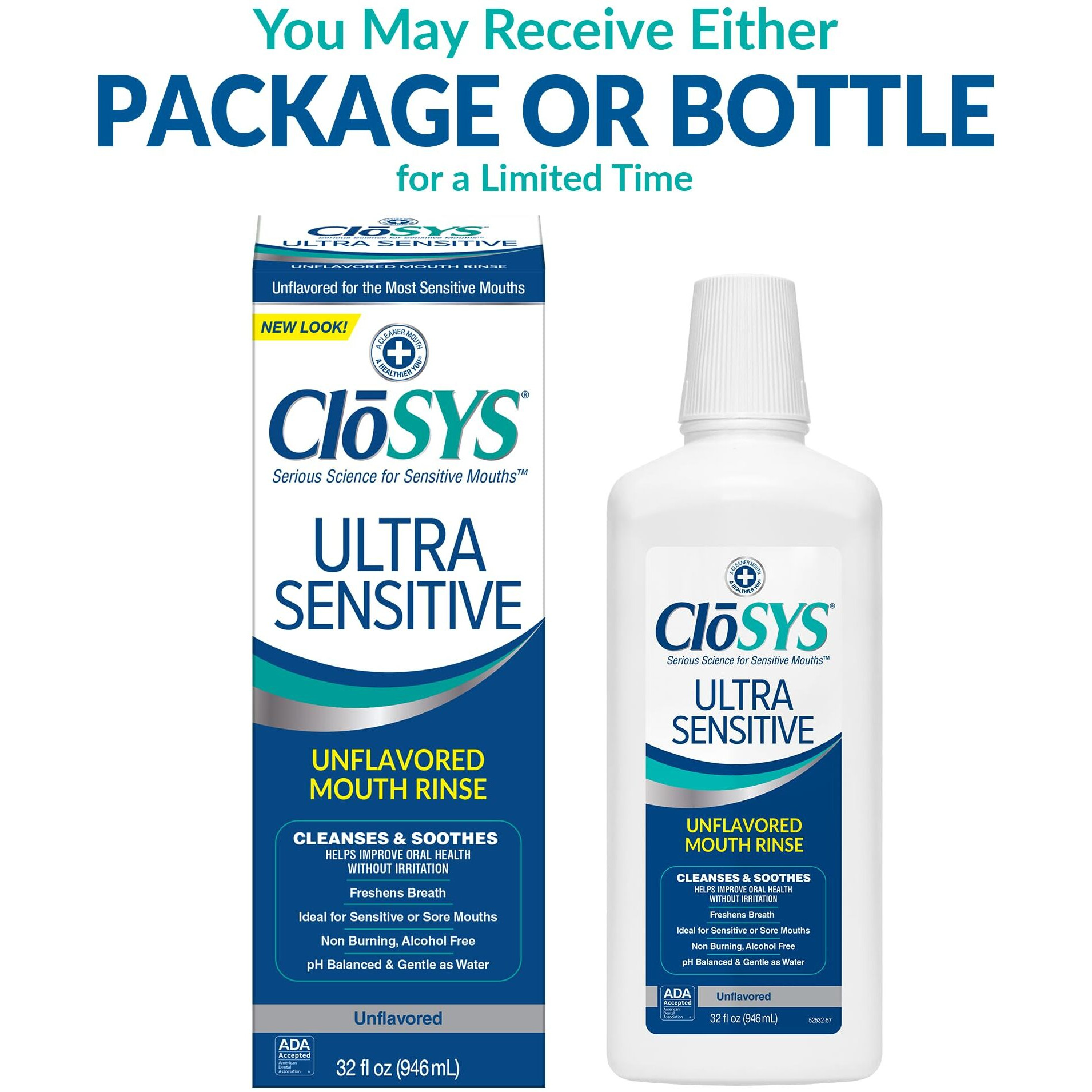Closys Ultra Sensitive Mouthwash  32 Ounce (Pack Of 2)  Unflavored (Optional Flavor Dropper Included)  Alcohol Free  Dye Free  Ph Balanced  Helps Soothe Entire Mouth