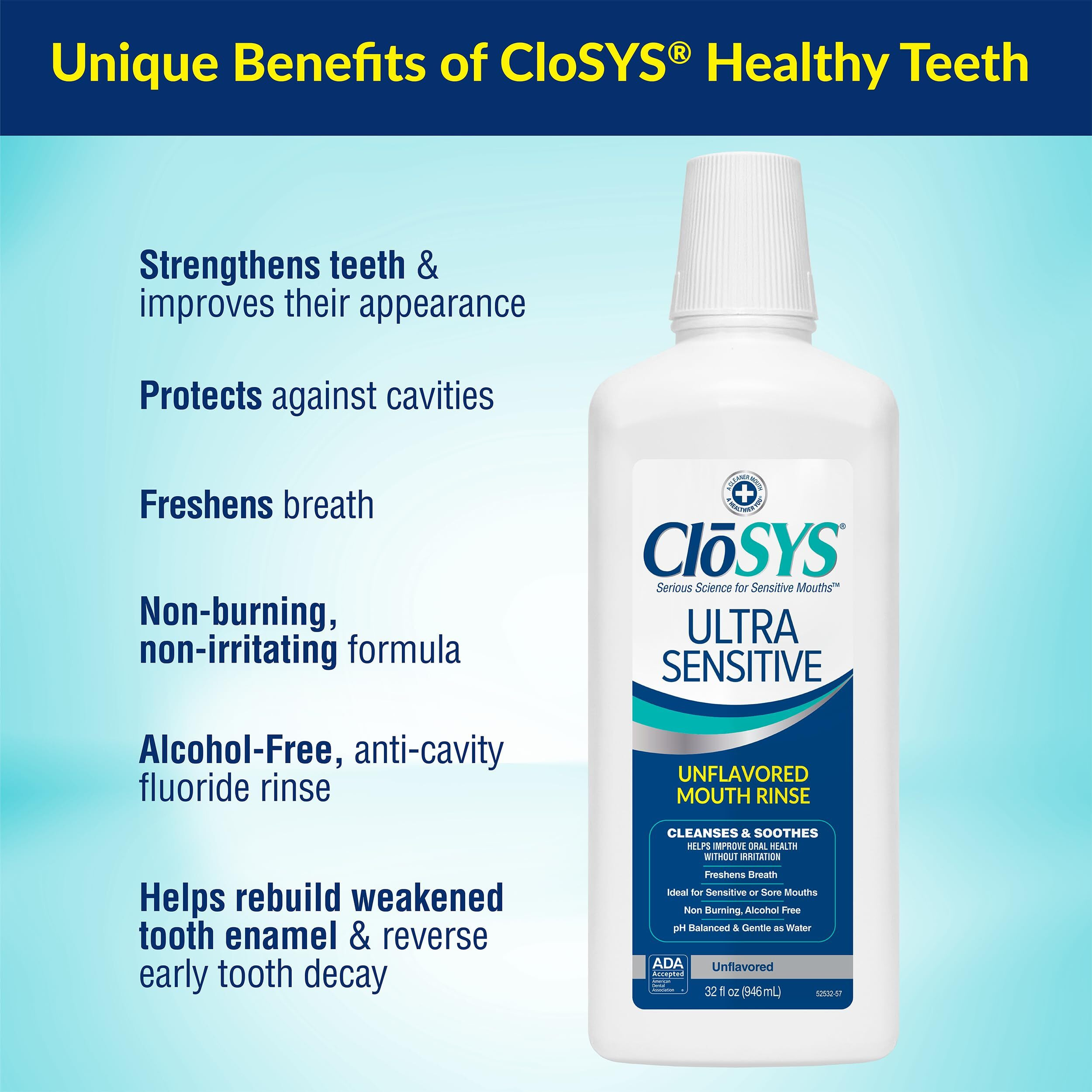 Closys Ultra Sensitive Mouthwash  32 Ounce (Pack Of 2)  Unflavored (Optional Flavor Dropper Included)  Alcohol Free  Dye Free  Ph Balanced  Helps Soothe Entire Mouth