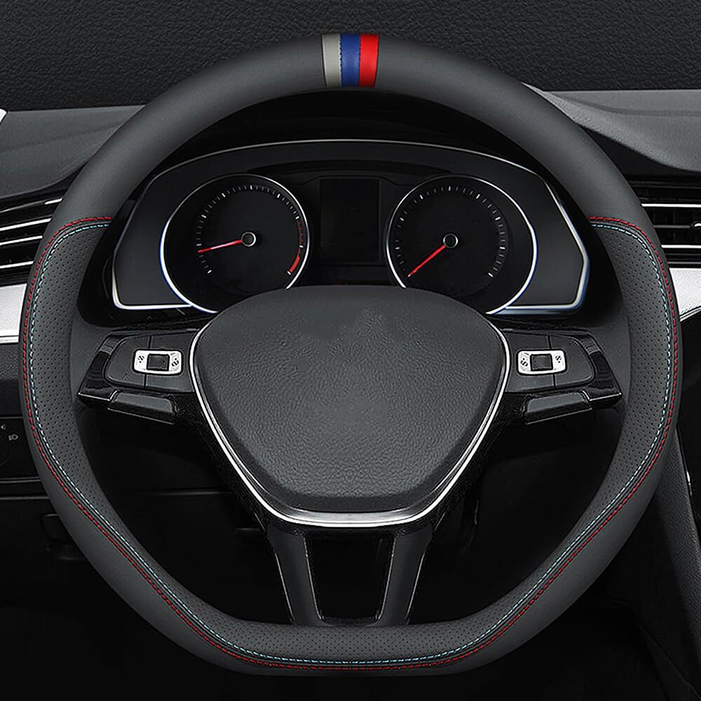 Carodi Latest Nappa Leather Car Steering Wheel Cover  Stylish Non-Slip Leather Car Interior 15 Inches Universal D-Shape Black(Red And Blue Signs)
