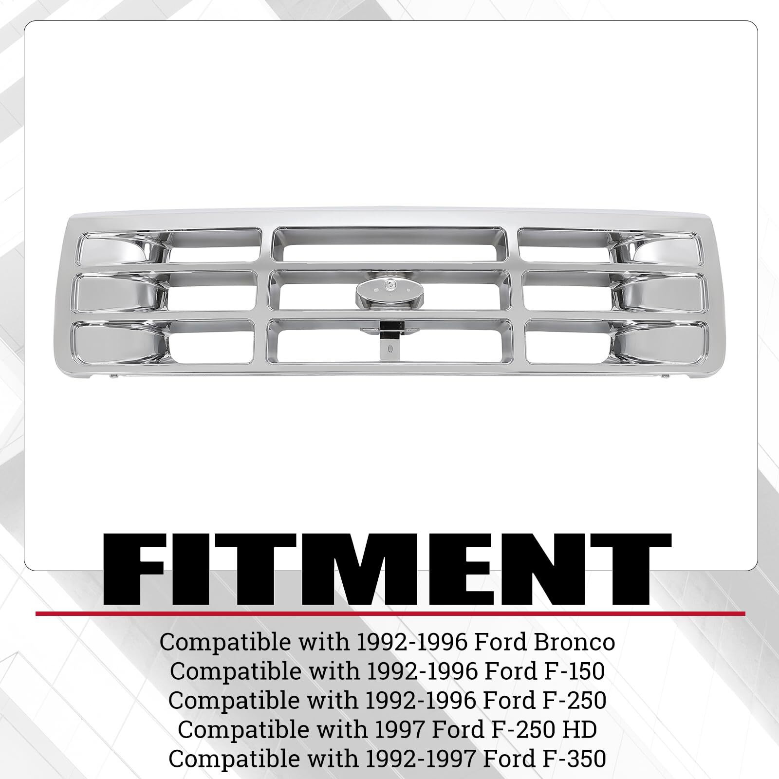 Hecasa Front Grille Grill Compatible With 1992-1997 Ford Bronco F-150 F-250 Hd F-350 Bumper Grille Replacement For Fo1200442 E4Tz8200 Grill Assembly Chrome Silvery