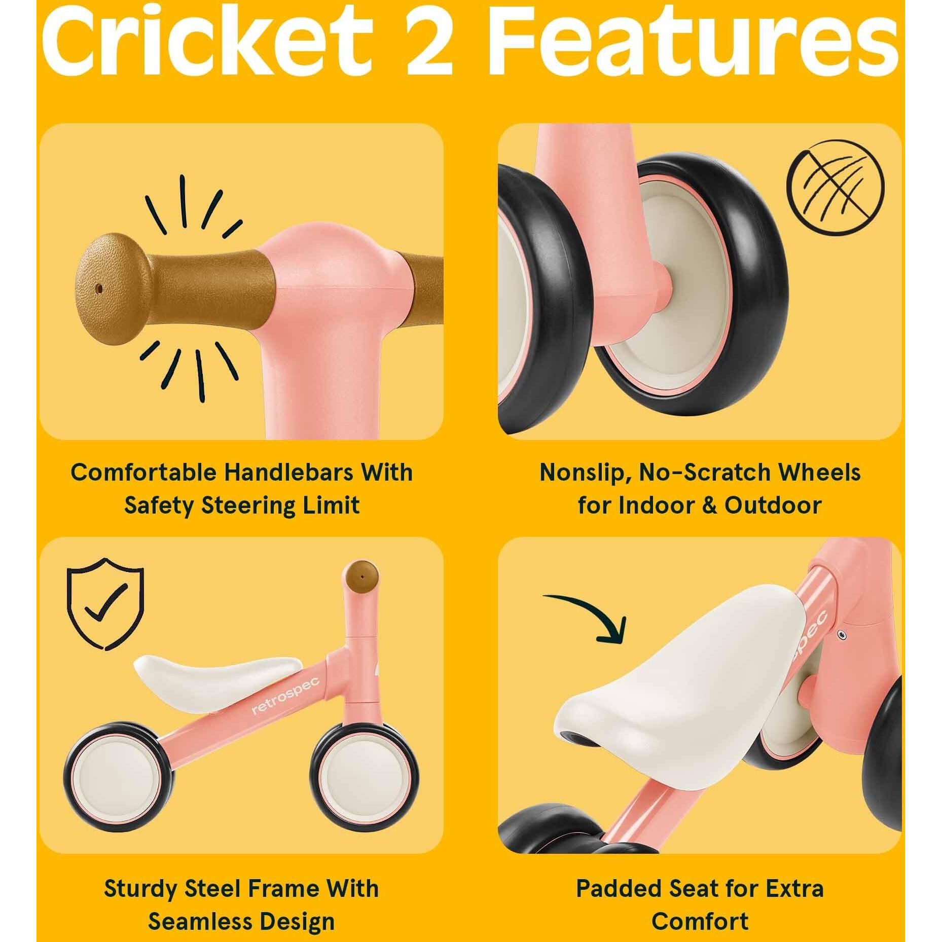 Retrospec Cricket Baby Walker Balance Bike With 4 Wheels For Ages 12-24 Months - Toddler Bicycle Toy For 1 Year Olds - Ride On Toys For Boys & Girls