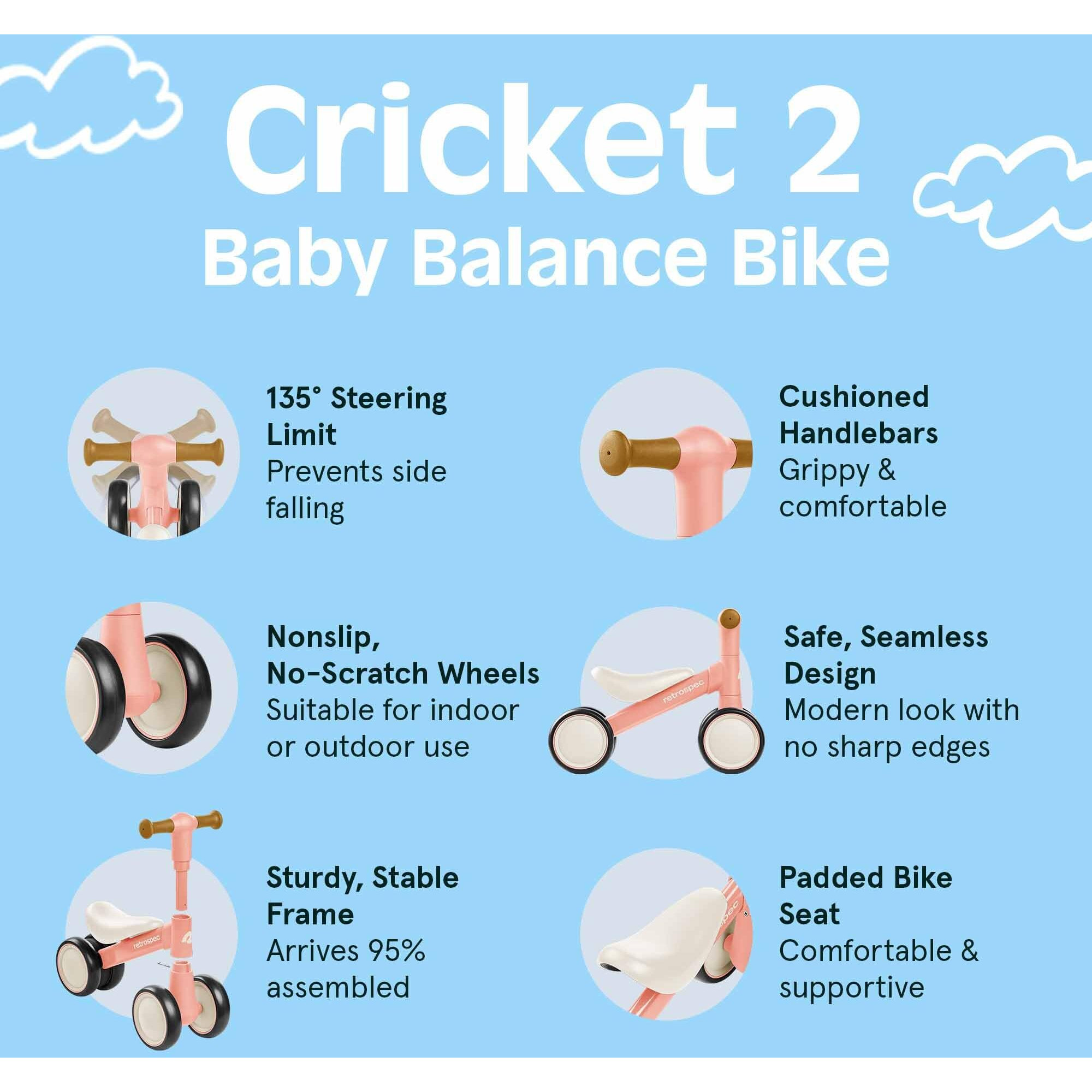 Retrospec Cricket Baby Walker Balance Bike With 4 Wheels For Ages 12-24 Months - Toddler Bicycle Toy For 1 Year Olds - Ride On Toys For Boys & Girls