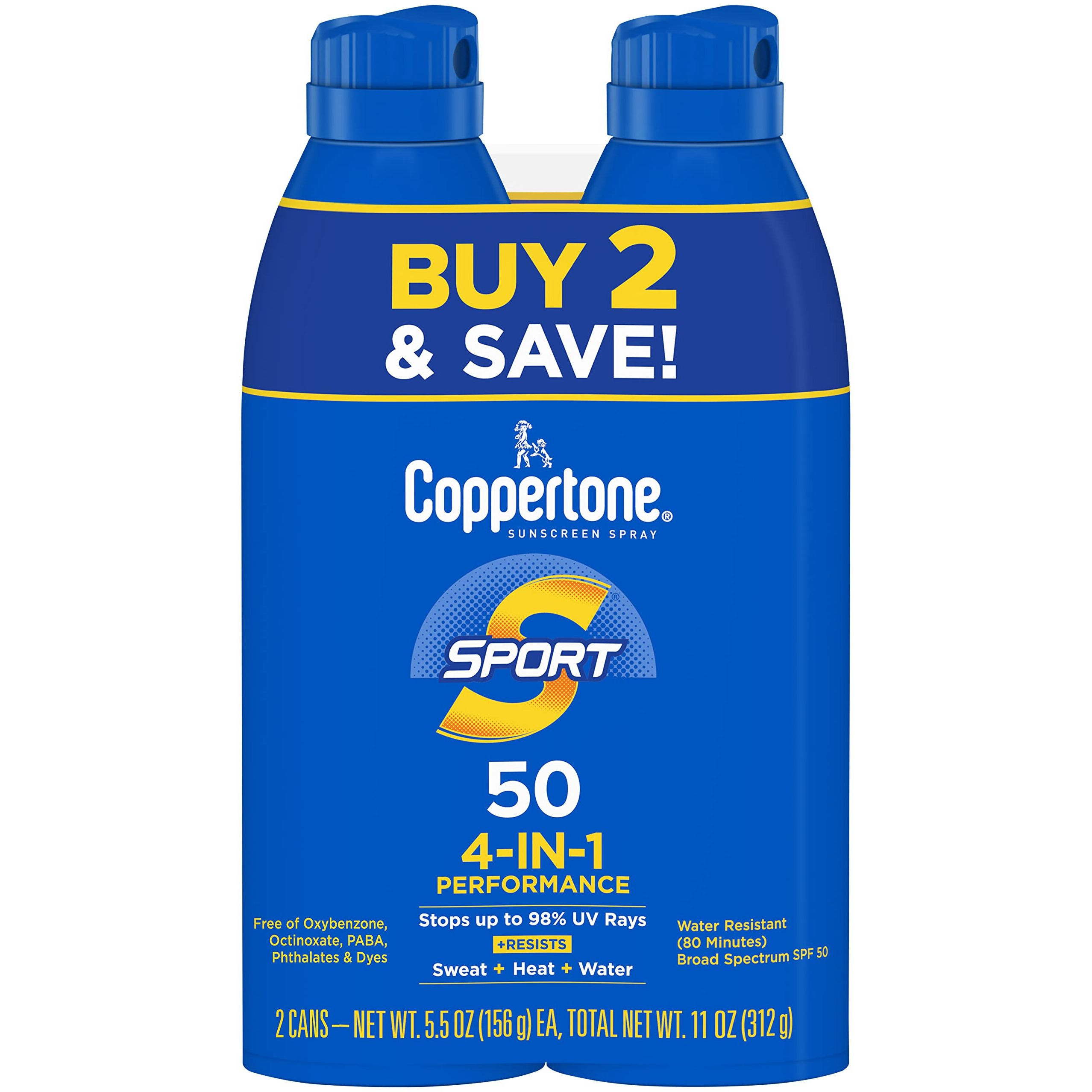 Coppertone Sport Sunscreen Spray Spf 50  Water Resistant Spray Sunscreen  Broad Spectrum Spf 50 Sunscreen Pack  5.5 Oz Spray  Pack Of 2