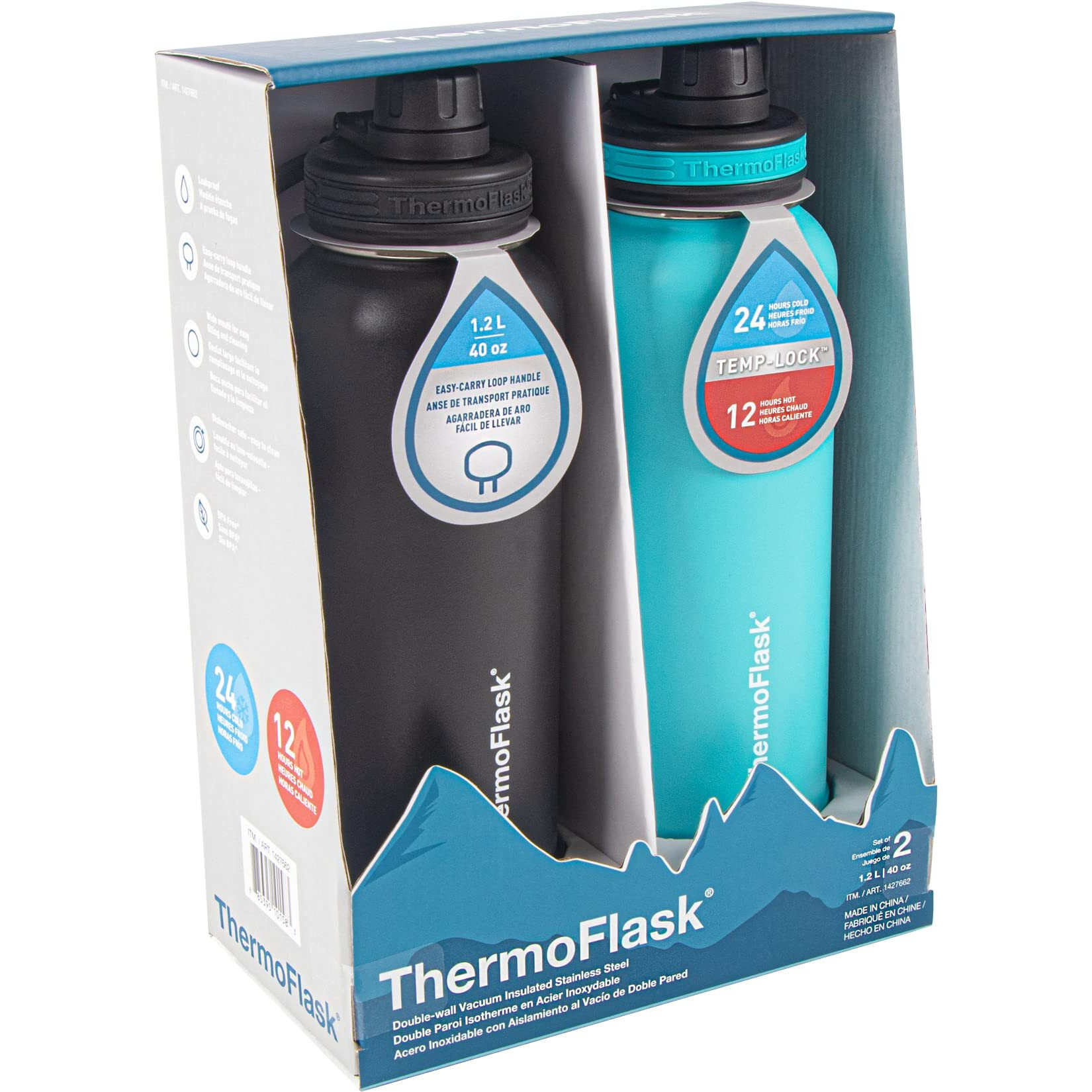 Thermoflask 40 Oz Double Wall Vacuum Insulated Stainless Steel 2-Pack Of Water Bottles  Onyx Black/Splash