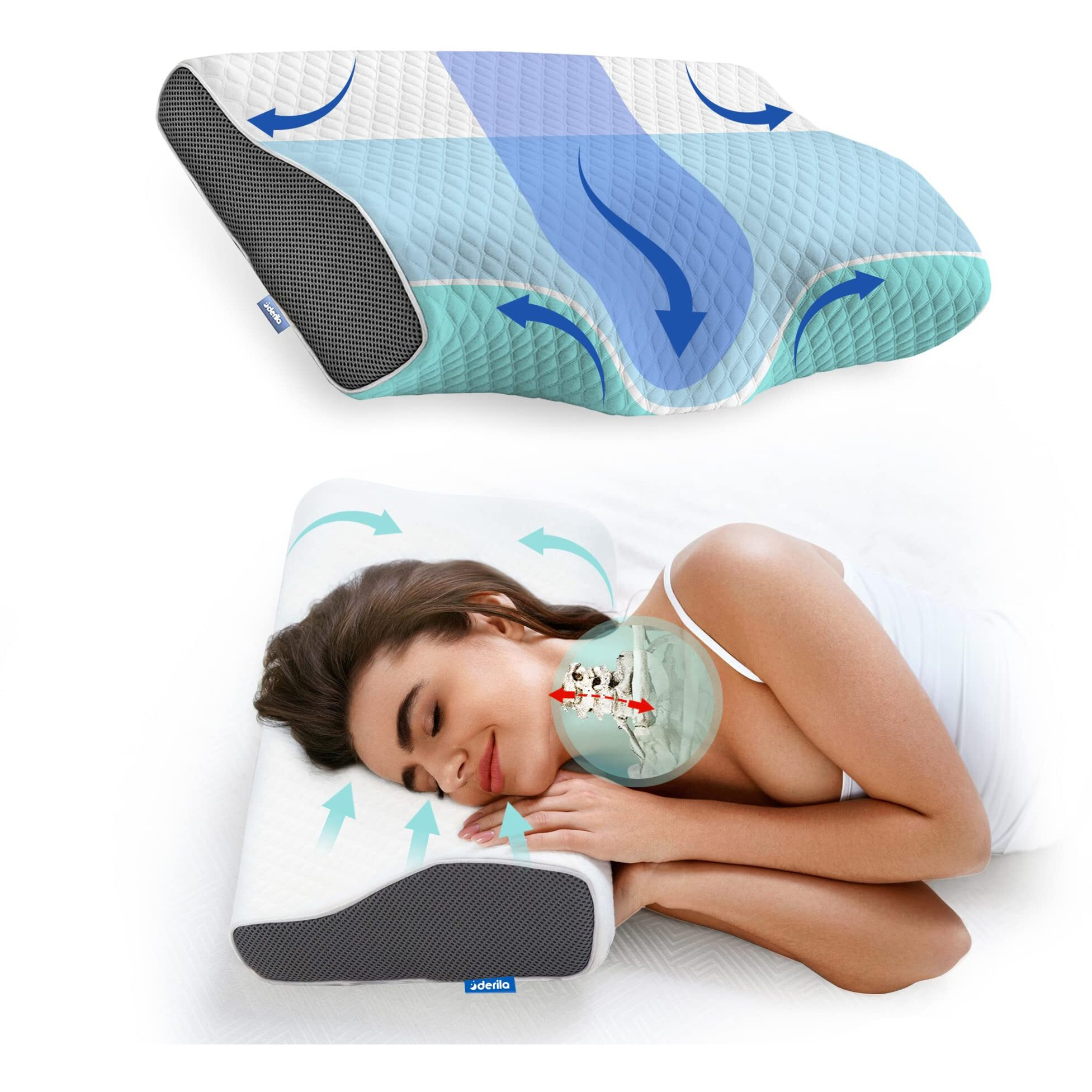 Derila Cervical Ergonomic Neck Support Pillow For Pain Relief - Contour Side  Back  Stomach Sleepers - Anti-Snoring Bed Pillows