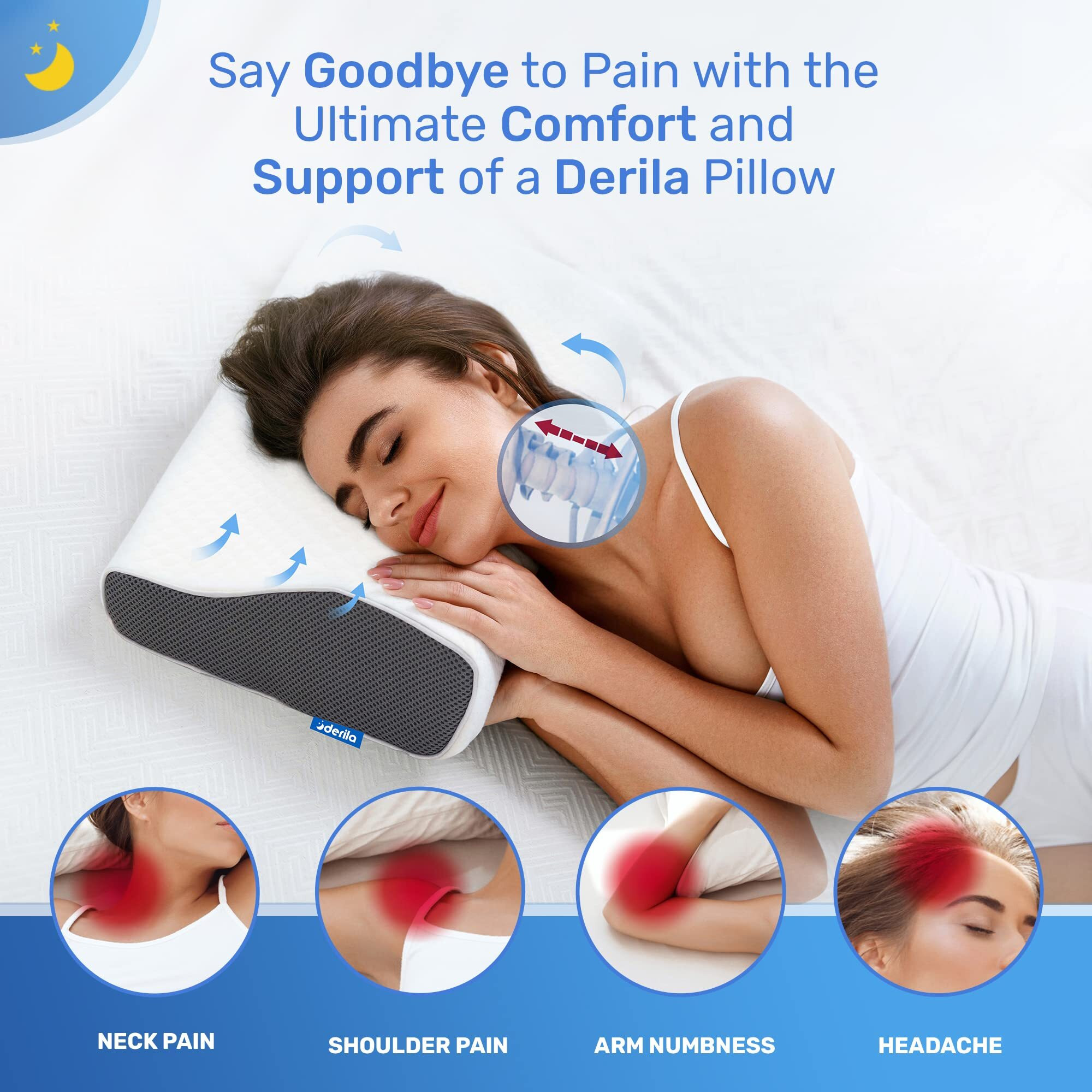 Derila Cervical Ergonomic Neck Support Pillow For Pain Relief - Contour Side  Back  Stomach Sleepers - Anti-Snoring Bed Pillows