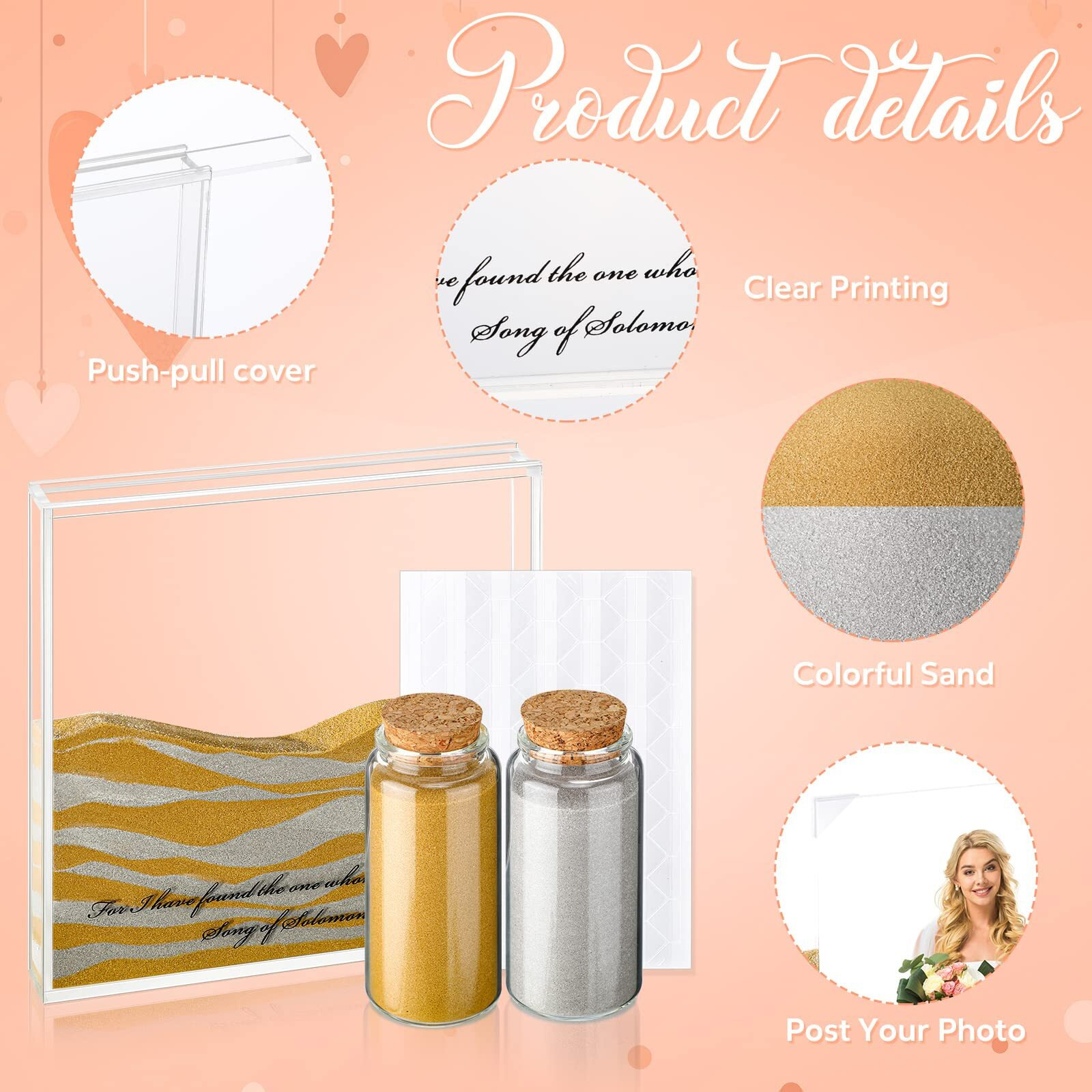 Roowest Sand Ceremony Kit For Wedding Includes Clear Acrylic Unity Sand Ceremony Photo Frame 2 Pack Sand Photo Fixing Corner Stickers And 2 Glass Unity Sand Holder For Wedding Decorations Home Decor
