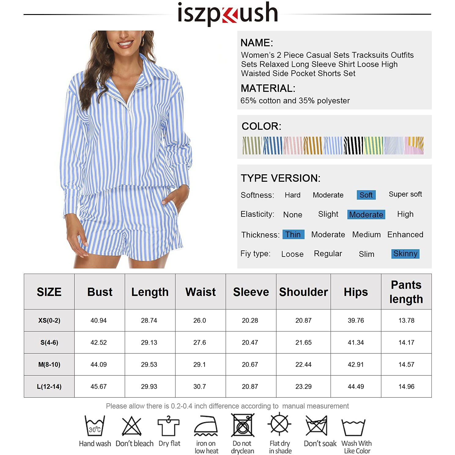 Iszplush Womens 2 Piece Casual Sets Tracksuits Outfits Sets Relaxed Long Sleeve Shirt Loose High Waisted Side Pocket Shorts Set (Medium  Blue)