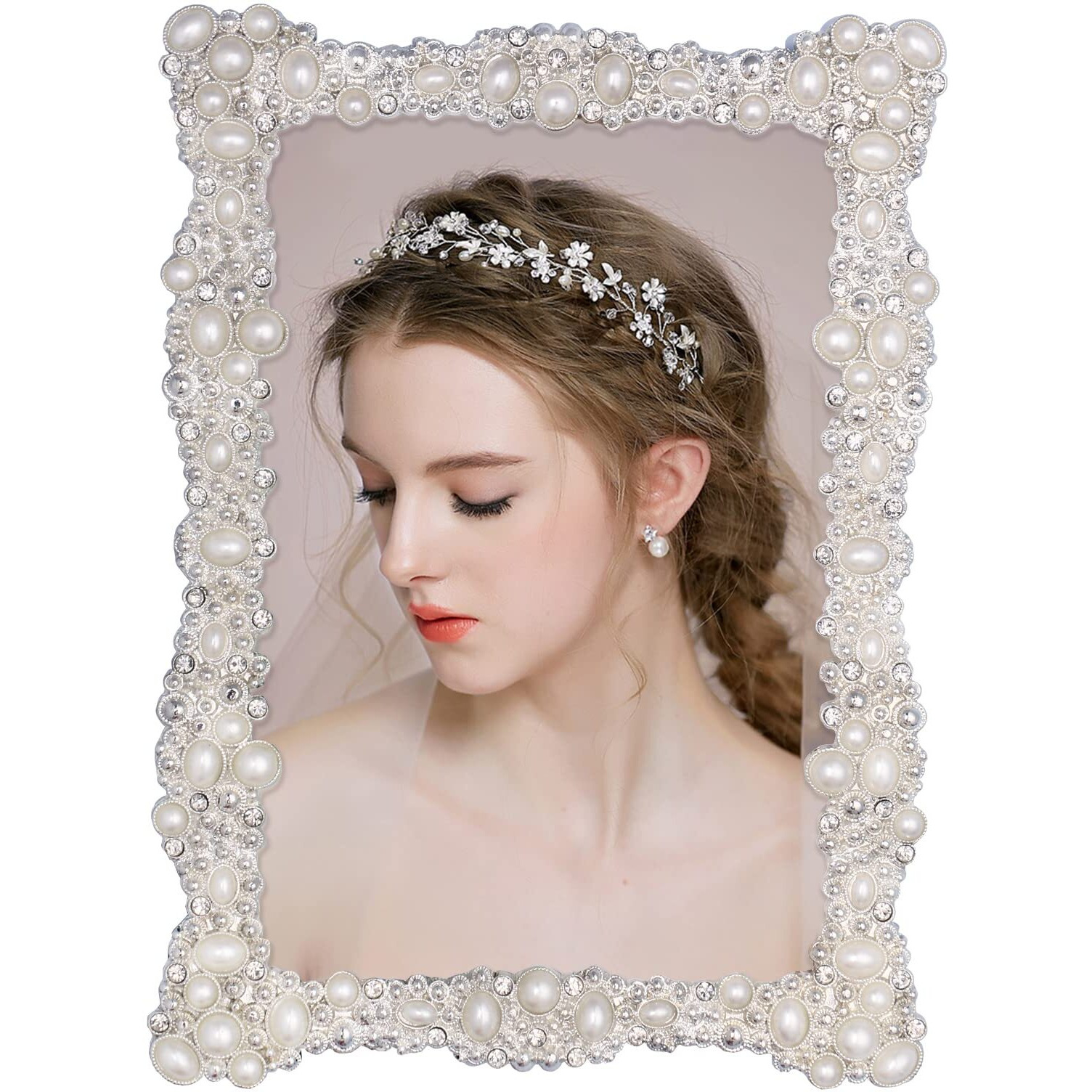4X6 Pearl Picture Frame With Crystal For Wedding  Silver Plated With High Definition Glass Photo Frames With Rhinestones Horizontal And Vertical Decor Tabletop Display (Real Glass)