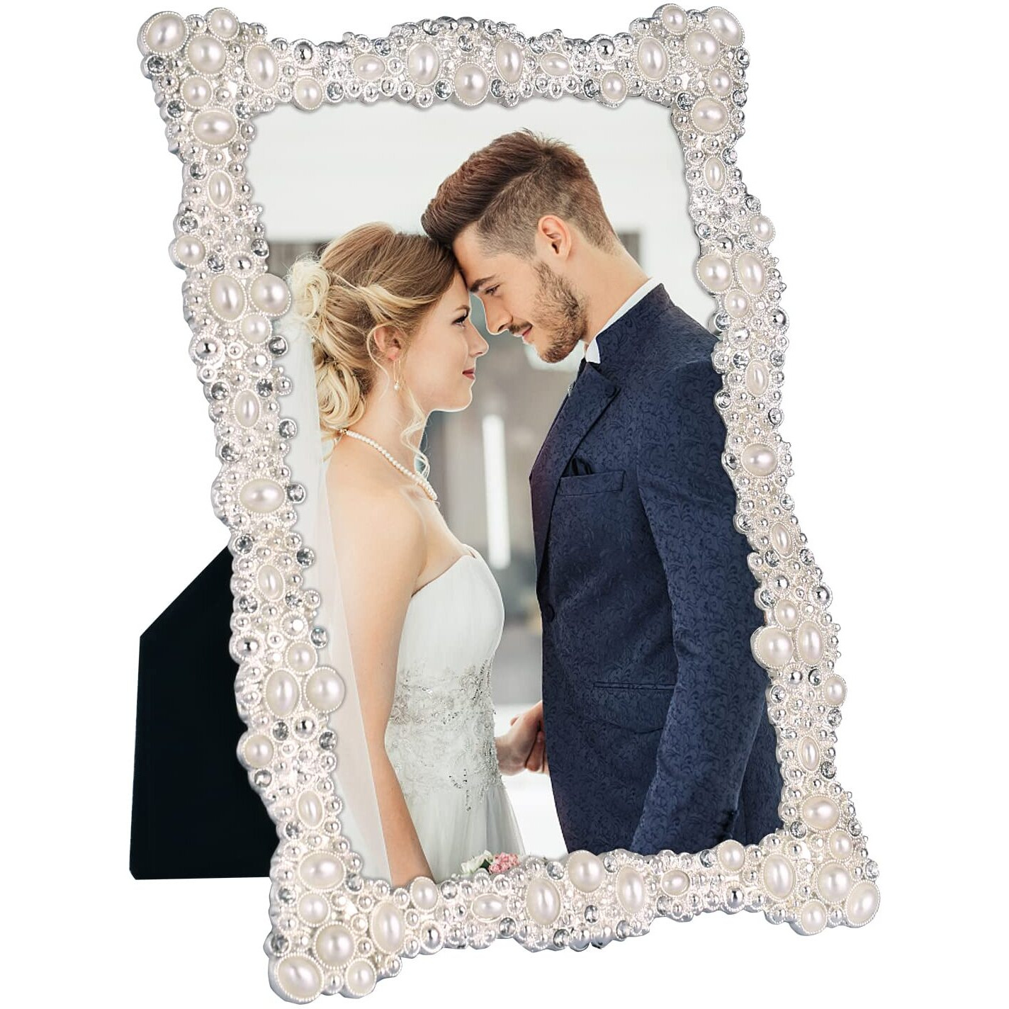 4X6 Pearl Picture Frame With Crystal For Wedding  Silver Plated With High Definition Glass Photo Frames With Rhinestones Horizontal And Vertical Decor Tabletop Display (Real Glass)