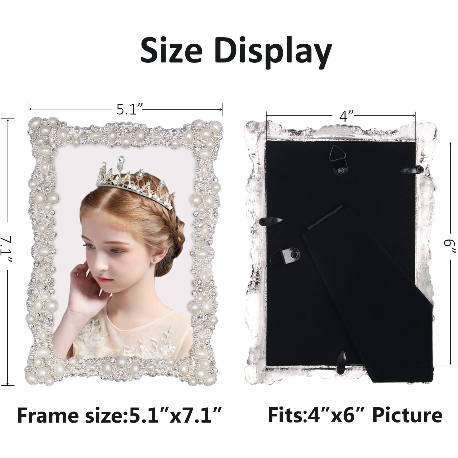 4X6 Pearl Picture Frame With Crystal For Wedding  Silver Plated With High Definition Glass Photo Frames With Rhinestones Horizontal And Vertical Decor Tabletop Display (Real Glass)
