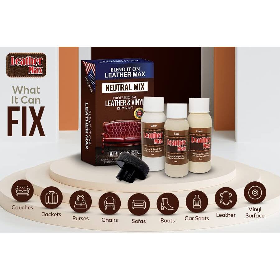 Leather Max Quick Blend Refinish And Repair Kit  Restore Couches  Recolor Furniture & Repair Car Seats  Jackets  Sofa  Boots / 3 Color Shades To Blend With/Leather Vinyl Bonded And More (Neutral Mix)