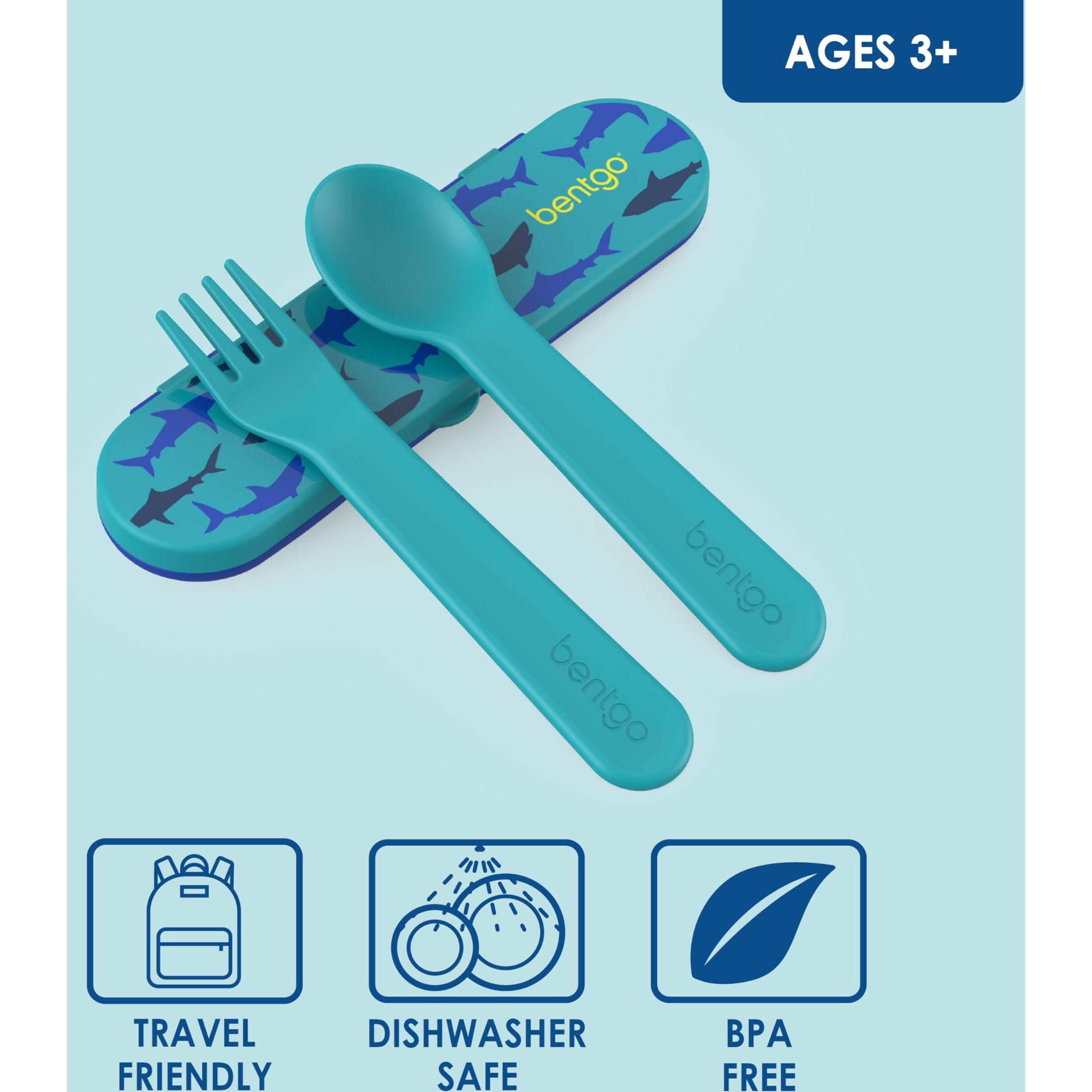 Bentgo Kids Utensil Set - Reusable Plastic Fork  Spoon & Storage Case - Bpa-Free Materials  Easy-Grip Handles  Dishwasher Safe - Ideal For School Lunch  Travel  & Outdoors (Shark)