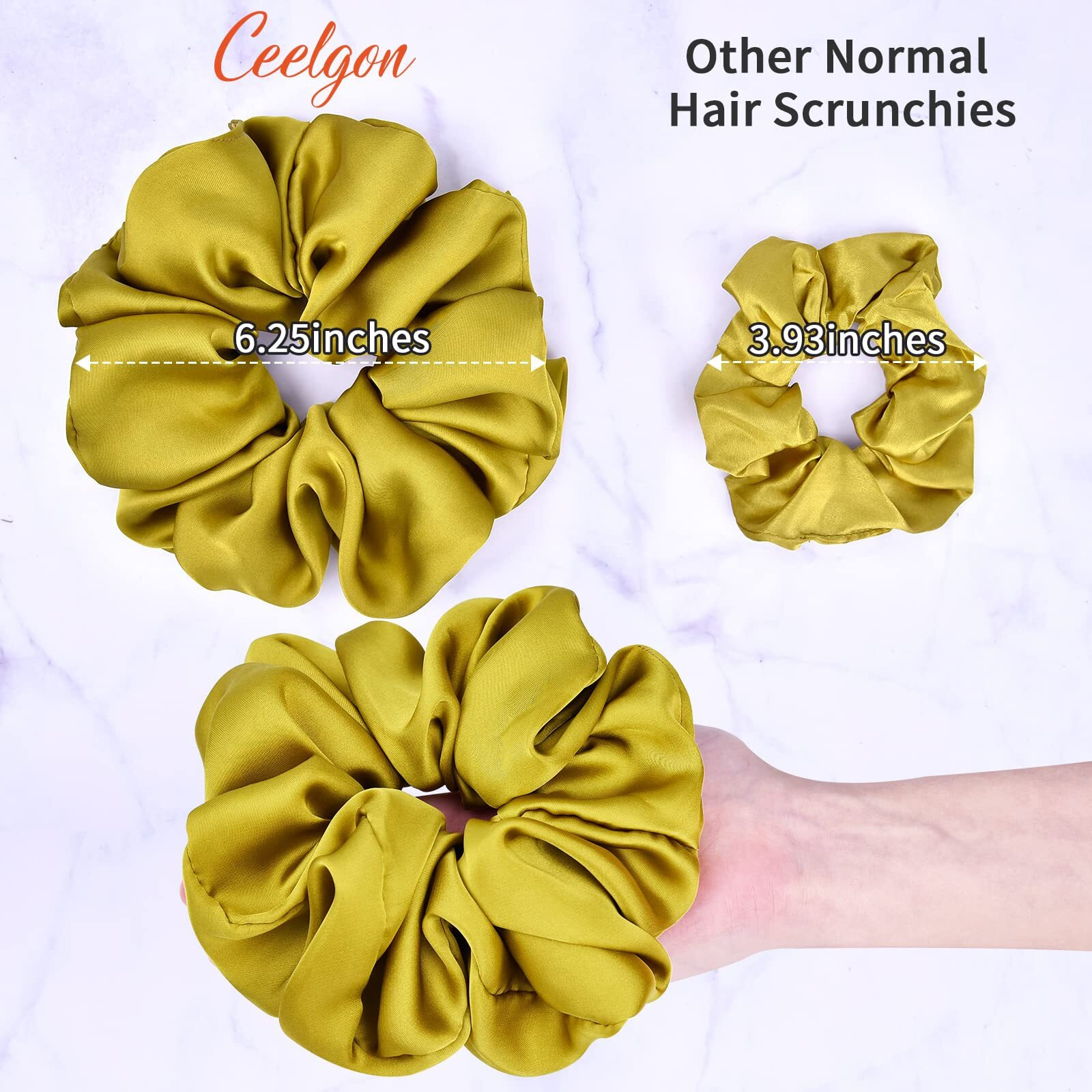 Ceelgon Big Real Silk Scrunchies For Women 6.3Inches Large Scrunchie Satin Oversized Silk Thick Elastic Hair Ties Jumbo Hair Scrunchies 6 Pack (Black White Pink  Champagne Navy Yellow)