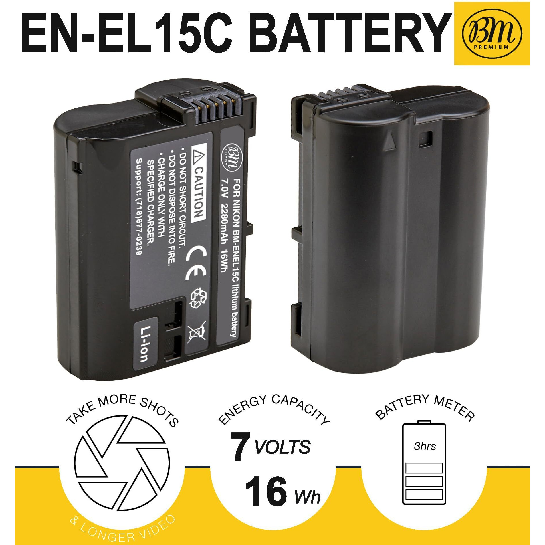 Bm Premium 2 Pack Of En-El15C High Capacity Batteries For Nikon Z5  Z6  Z6 Ii  Z7  Z8  Z7Ii  D780  D850  D7500  1 V1  D500  D600  D610  D750  D800  D810  D810A  D7000  D7100  D7200 Cameras