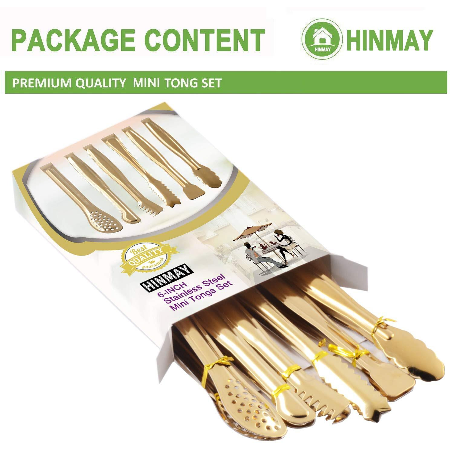 Hinmay Gold Plated Mini Serving Tongs Set 6-Inch Appetizers Tongs Stainless Steel Small Sugar Cube Tongs Ice Tongs  Set Of 6