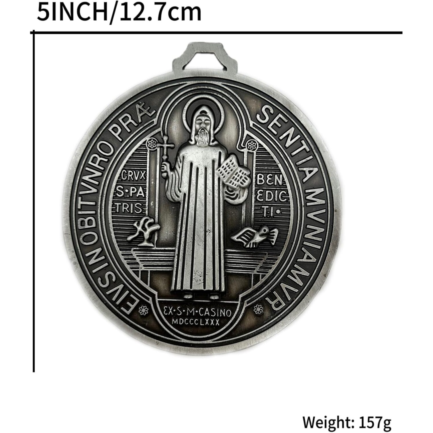 Bonitter Extra Large 5 Inch St Benedict Cross Medal Vintage Brass Tone Finish For Wall Or Desk Display/Medalla De San Benito (Silver)