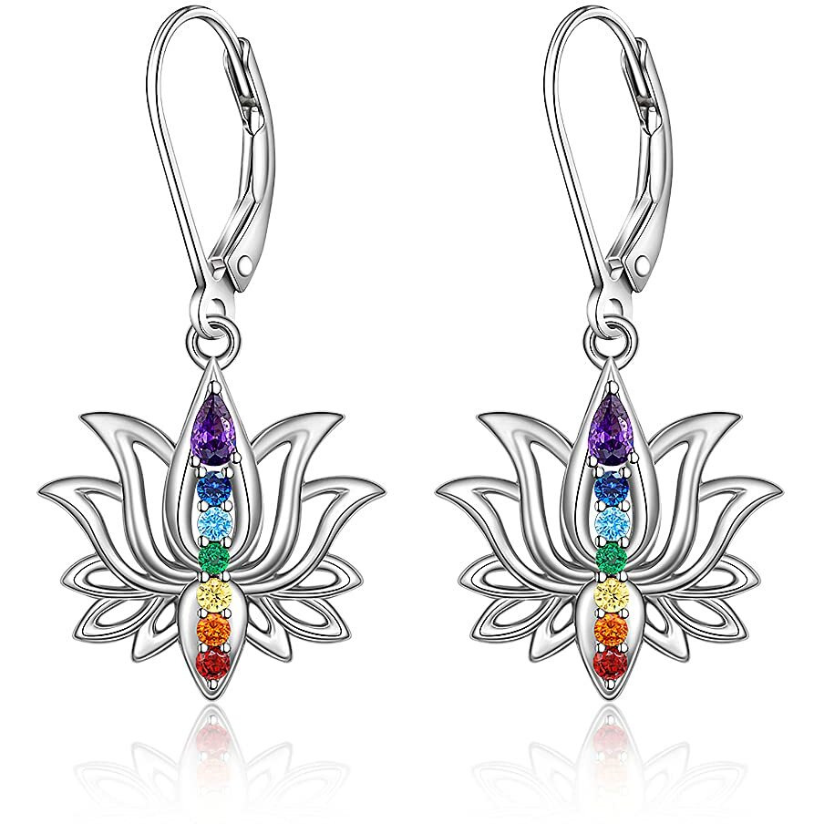 Chakra Earrings Lotus Flower 7 Chakra Stones Leverback Earrings For Women Dangle Hoop Healing Crystal Yoga Lotus Jewelry Energy Balance Meditation