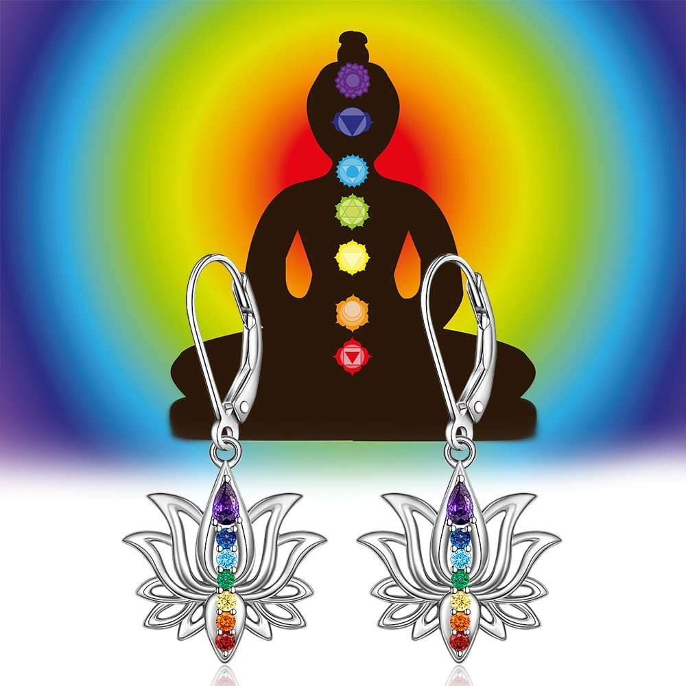 Chakra Earrings Lotus Flower 7 Chakra Stones Leverback Earrings For Women Dangle Hoop Healing Crystal Yoga Lotus Jewelry Energy Balance Meditation