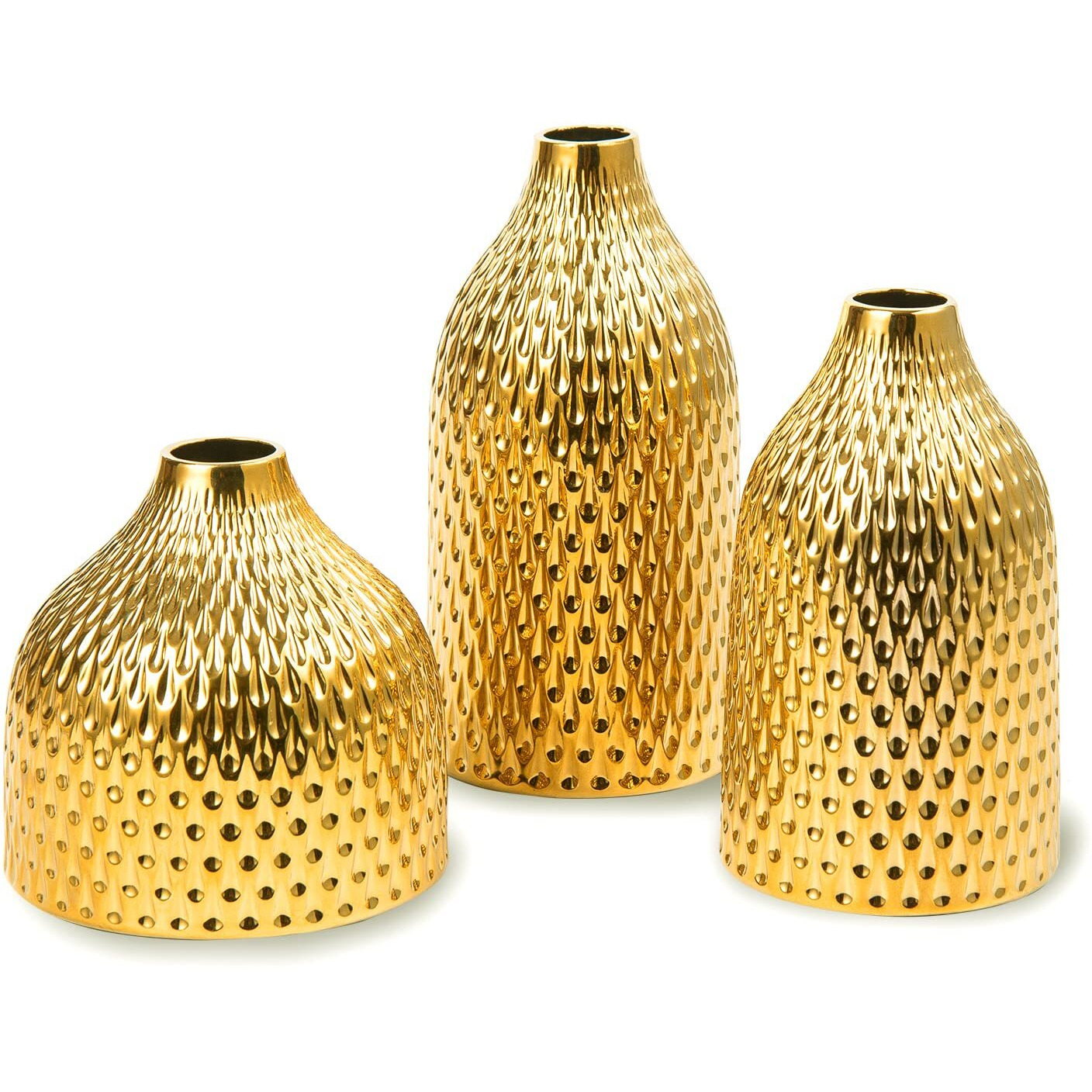 Basdhe Ceramic Vase Set - 3 Small Vases  Luxurious Home Decor  Great For Centerpieces Ideal Shelf DCor  Table DCor  Bookshelf  Mantle  Entryway- Gold