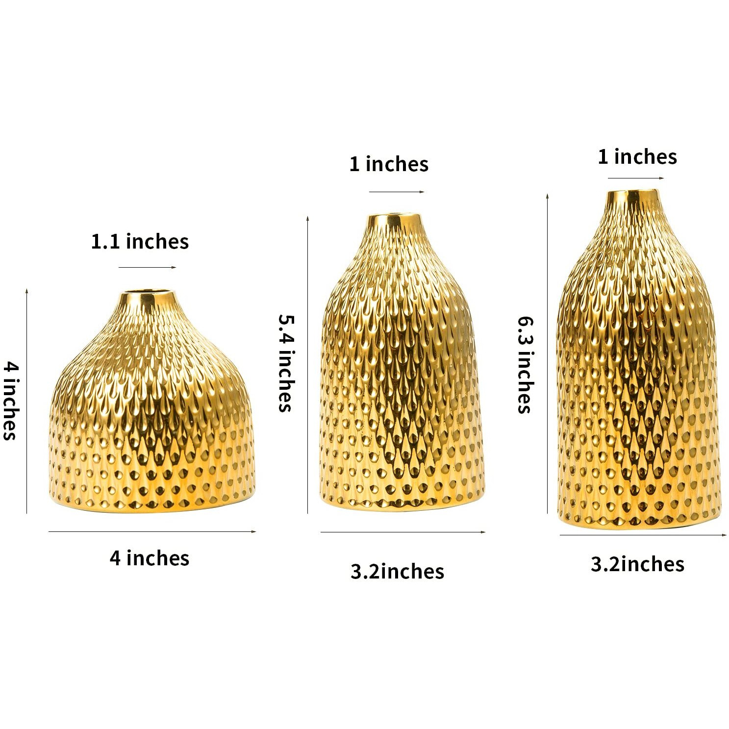 Basdhe Ceramic Vase Set - 3 Small Vases  Luxurious Home Decor  Great For Centerpieces Ideal Shelf DCor  Table DCor  Bookshelf  Mantle  Entryway- Gold