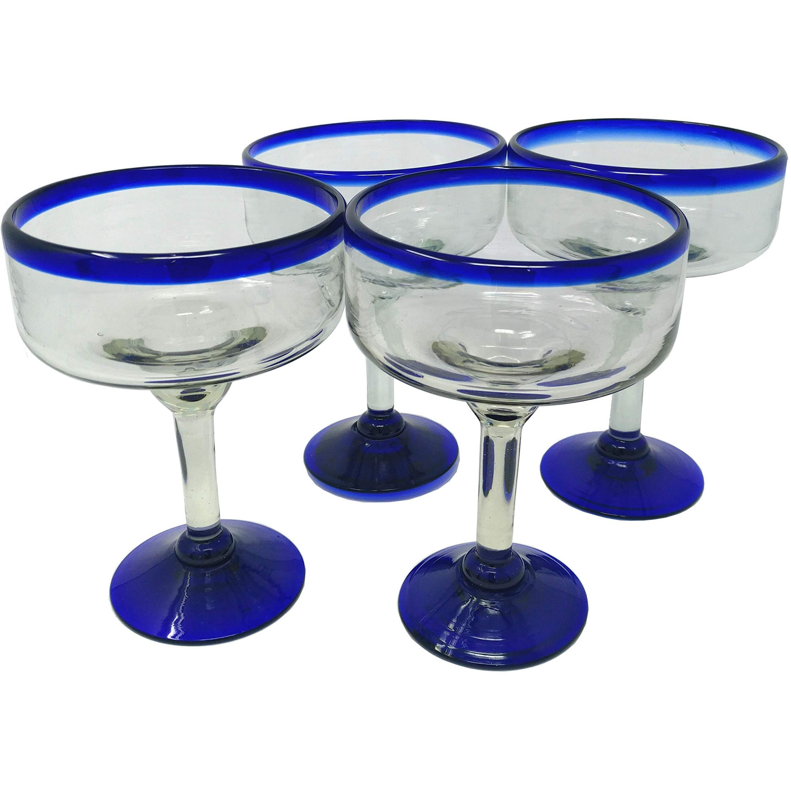 Dos Sueos Mexican Hand Blown Glass - Set Of 4 Hand Blown Margarita Glasses - Cobalt Blue Rim (16 Oz)