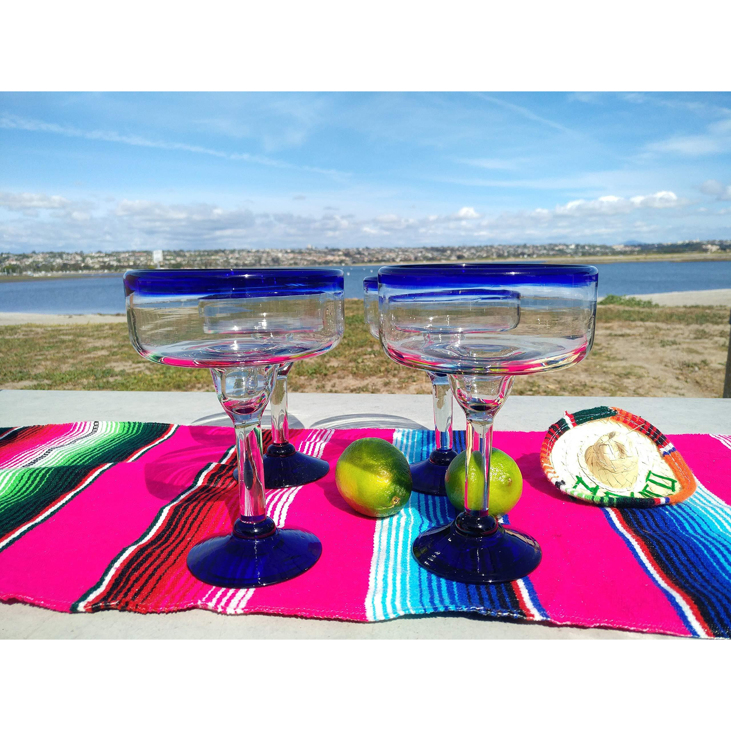 Dos Sueos Mexican Hand Blown Glass - Set Of 4 Hand Blown Margarita Glasses - Cobalt Blue Rim (16 Oz)