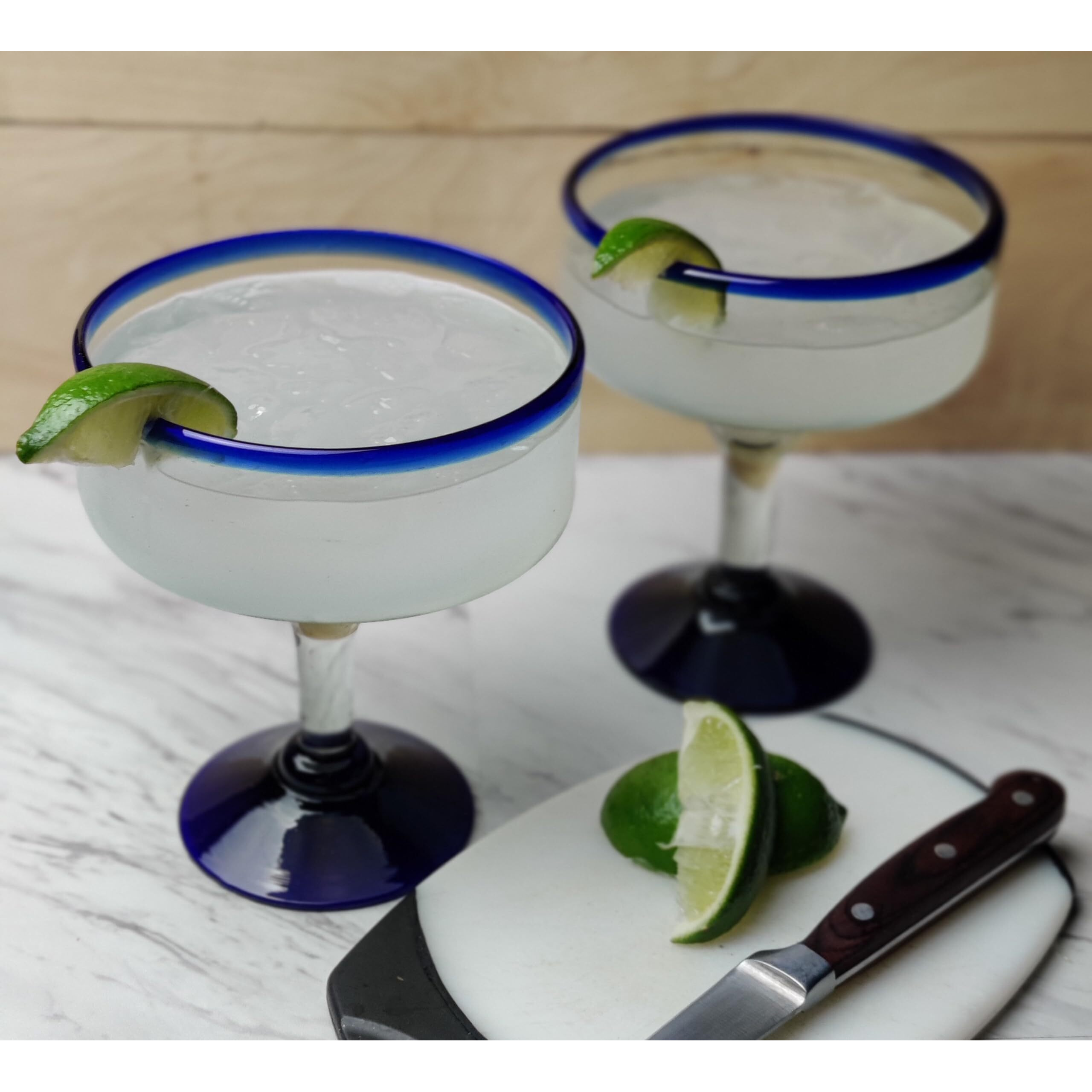 Dos Sueos Mexican Hand Blown Glass - Set Of 4 Hand Blown Margarita Glasses - Cobalt Blue Rim (16 Oz)