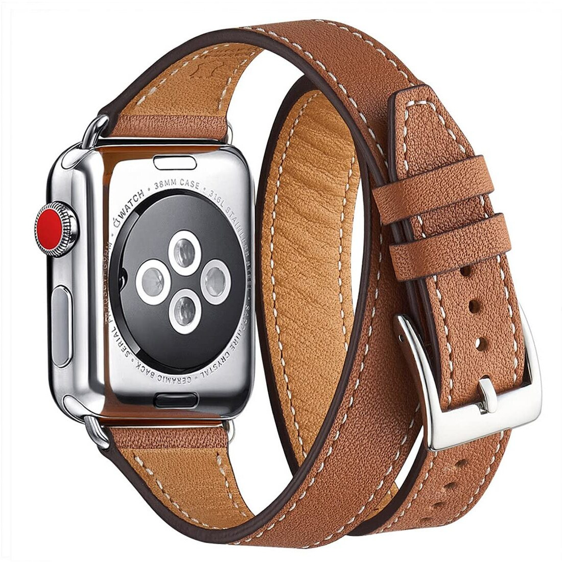Bestig Compatible With Apple Watch Band 38Mm 40Mm 41Mm Or 42/44/45/49Mm For Women Men  Genuine Leather Double Tour Designed Slim Wristband Strap For Iwatch Se Series 9 8 7 6 5 4 3 2 1 (Brown+Silver)