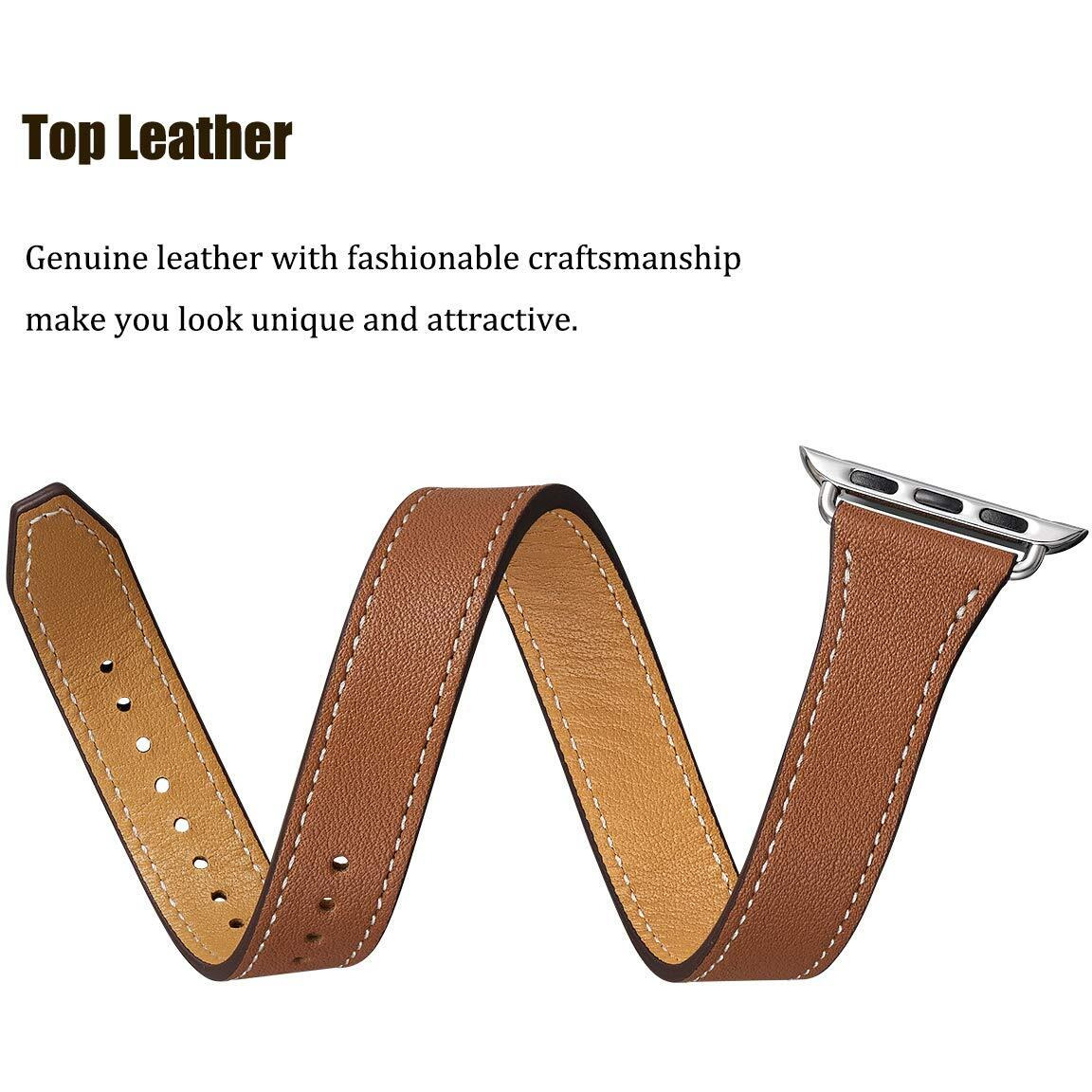Bestig Compatible With Apple Watch Band 38Mm 40Mm 41Mm Or 42/44/45/49Mm For Women Men  Genuine Leather Double Tour Designed Slim Wristband Strap For Iwatch Se Series 9 8 7 6 5 4 3 2 1 (Brown+Silver)