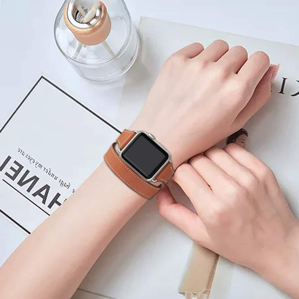 Bestig Compatible With Apple Watch Band 38Mm 40Mm 41Mm Or 42/44/45/49Mm For Women Men  Genuine Leather Double Tour Designed Slim Wristband Strap For Iwatch Se Series 9 8 7 6 5 4 3 2 1 (Brown+Silver)