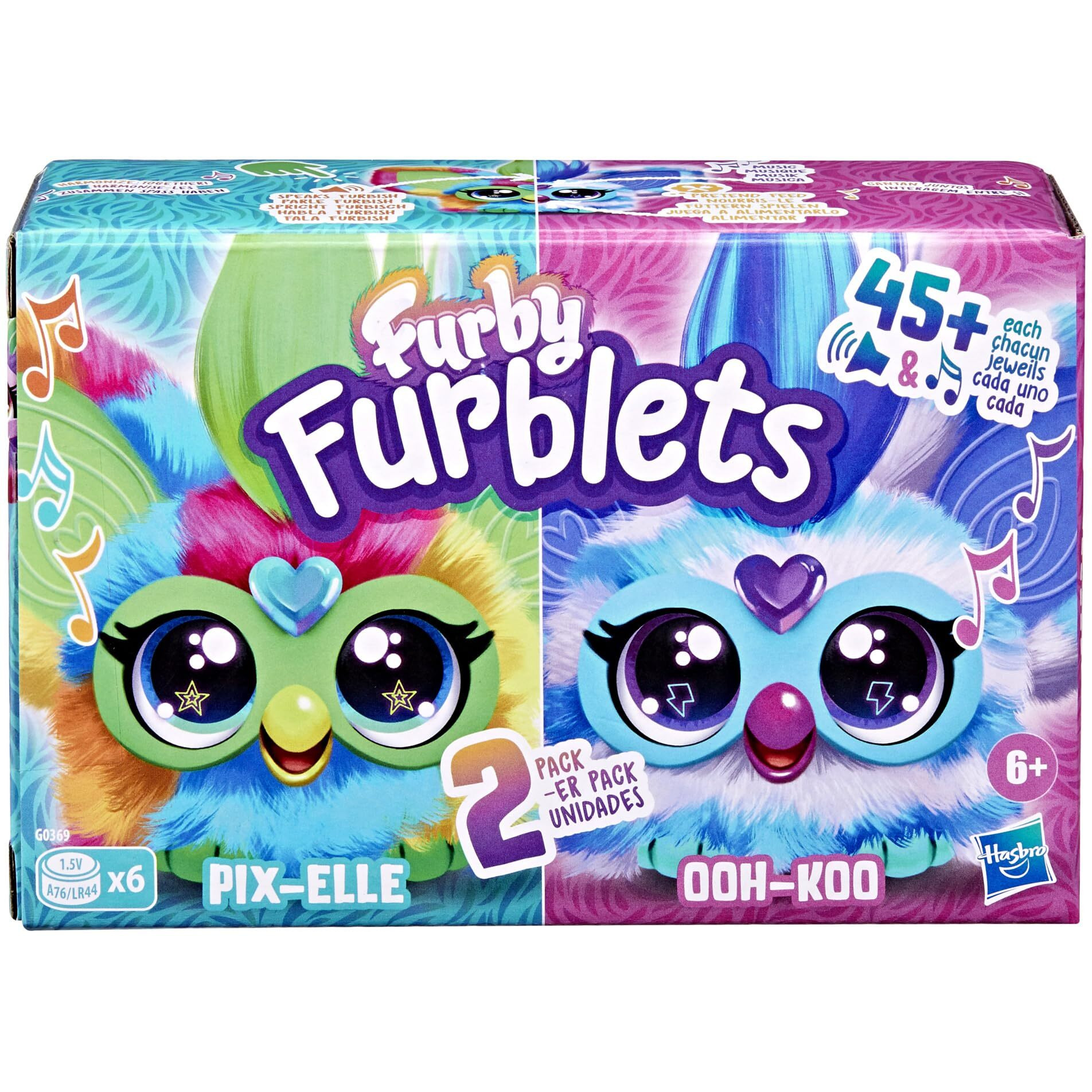 Furby Furblets 2-Pack  Mini Friends Pix-Elle & Ooh-Koo  45+ Sounds Each  Music & Furbish Phrases  Electronic Plush Toys  Multicolor & Blue/White  Ages 6+