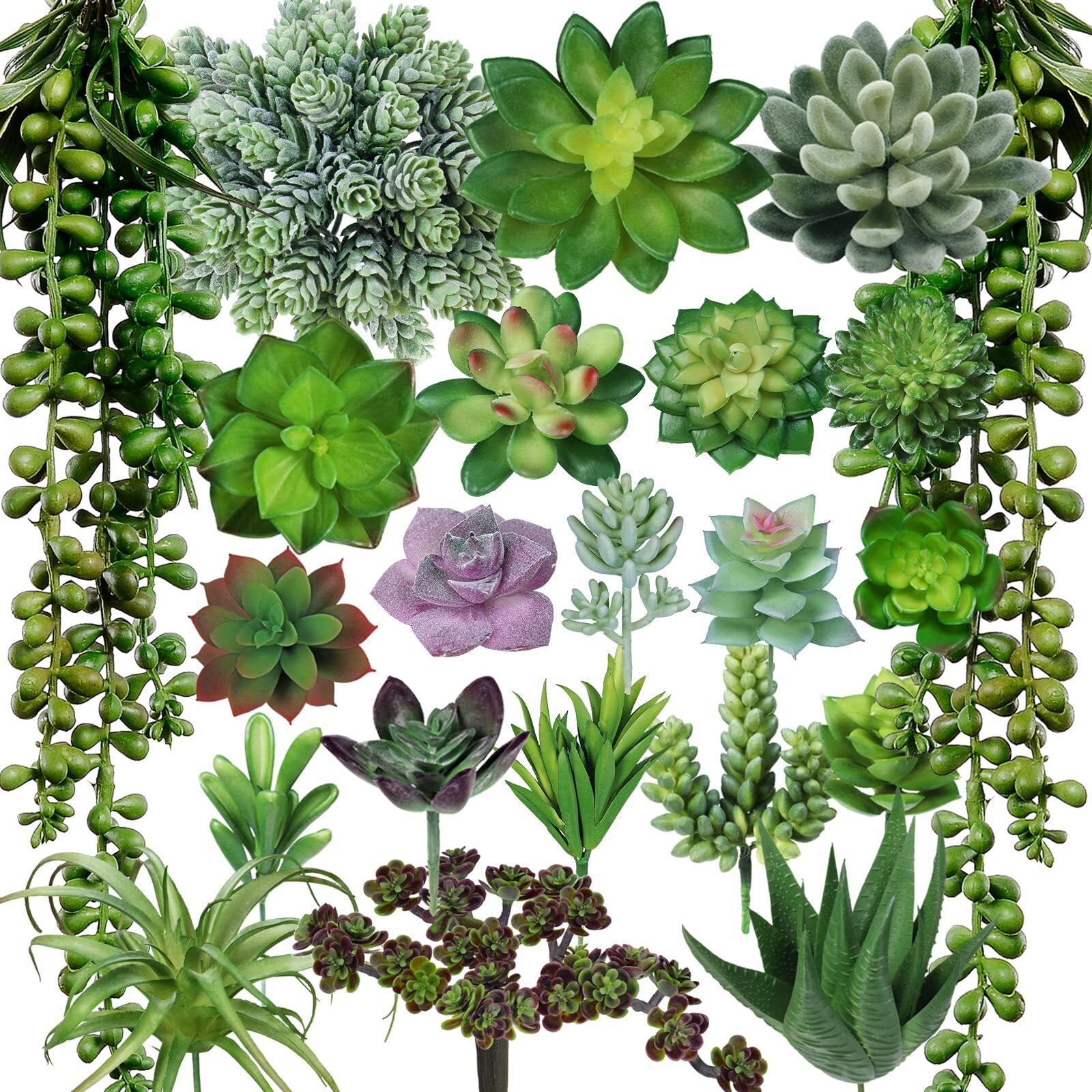 Winlyn 22 Pcs Bulk Artificial Succulents Plants Unpotted Small Aloe Hanging String Of Pearls Cactus Green Fake Succulents For Succulent Garden Arrangement Centerpiece Wall Indoor Outdoor Home Decor