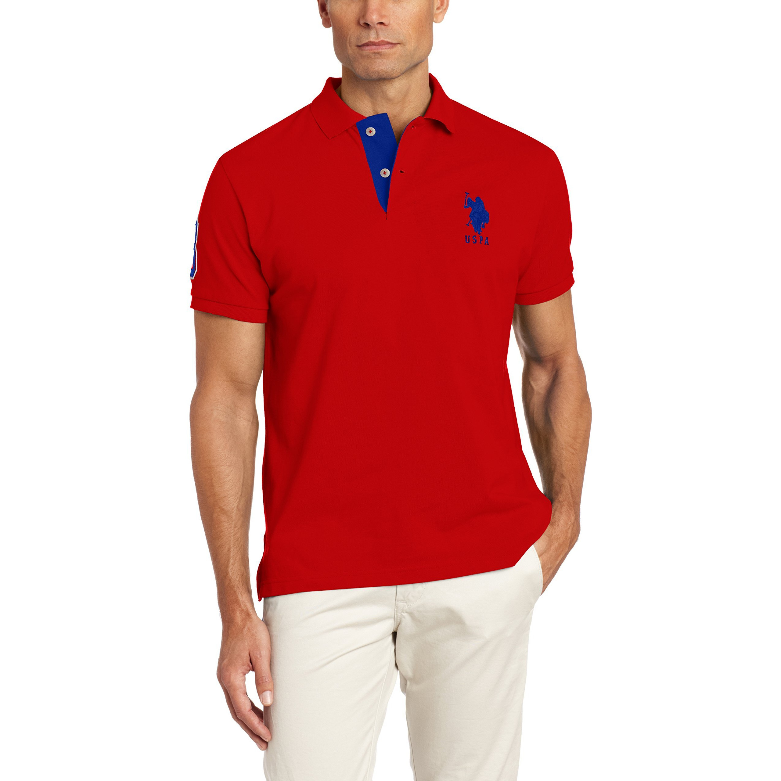U.S. Polo Assn. Men's Slim Fit Pique Polo  Engine Red/International Blue  Medium