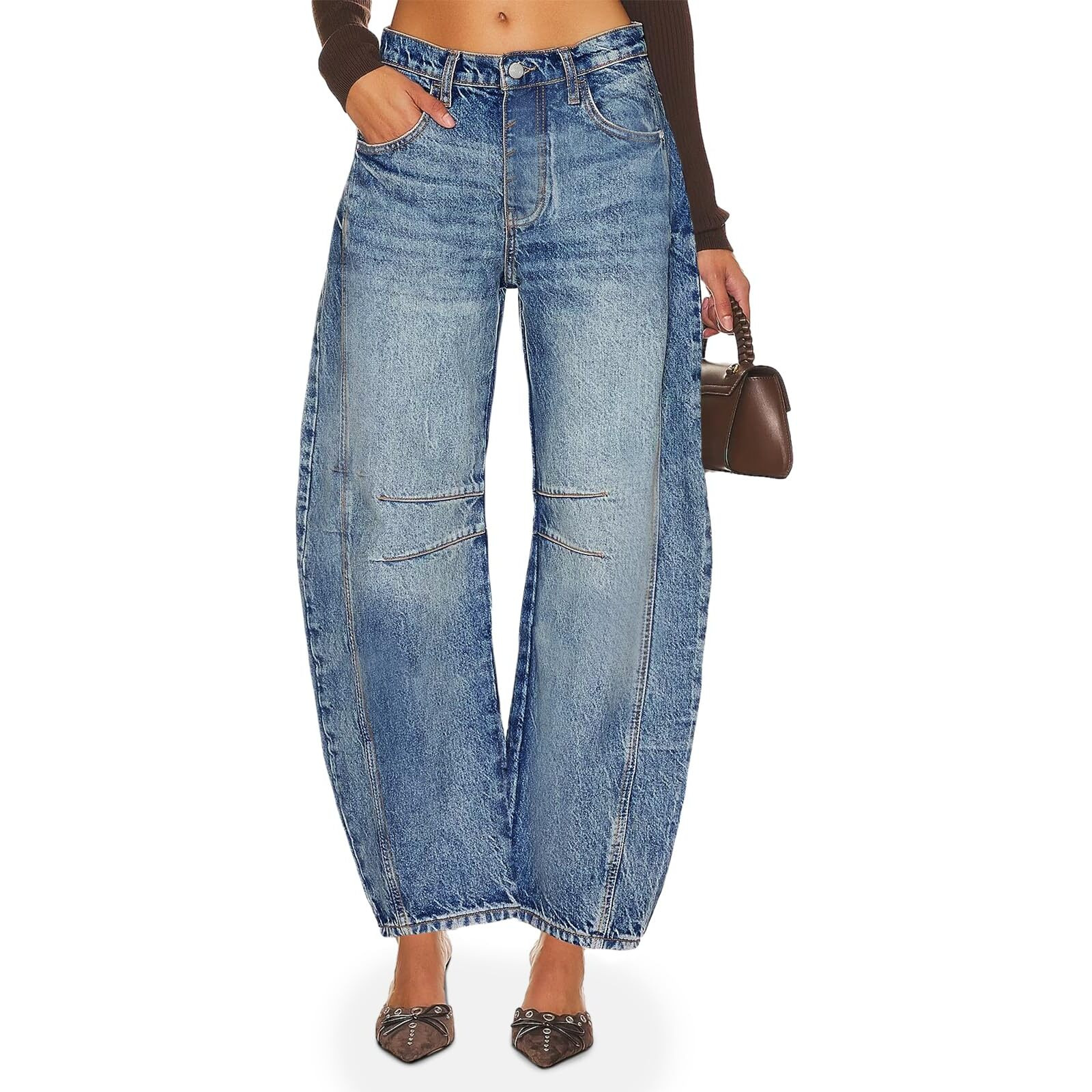 Plnotme Women's Boyfriend Jeans Loose Fit Vintage Wide Leg Mid Rise Barrel Mom Denim Ankle Pants