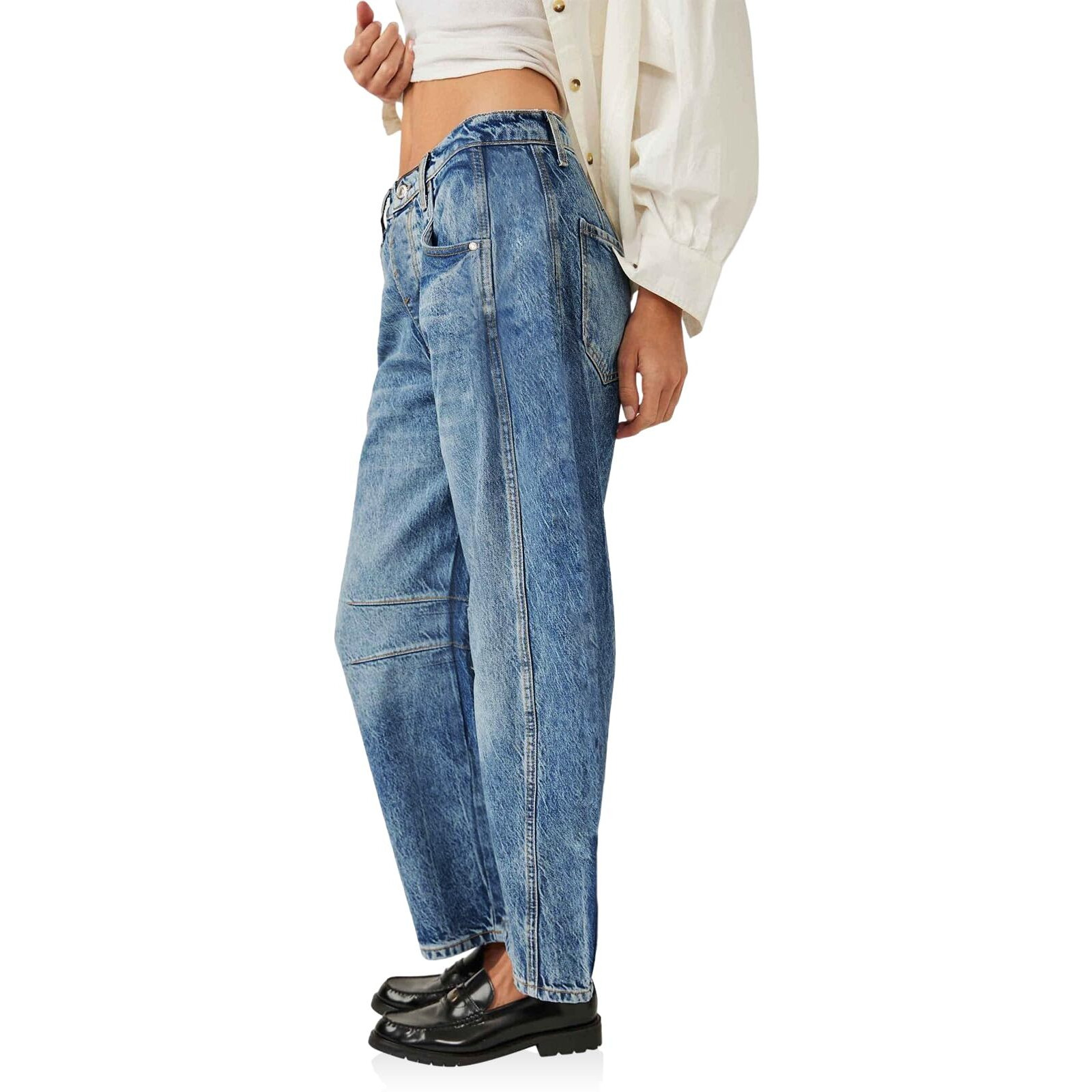 Plnotme Women's Boyfriend Jeans Loose Fit Vintage Wide Leg Mid Rise Barrel Mom Denim Ankle Pants