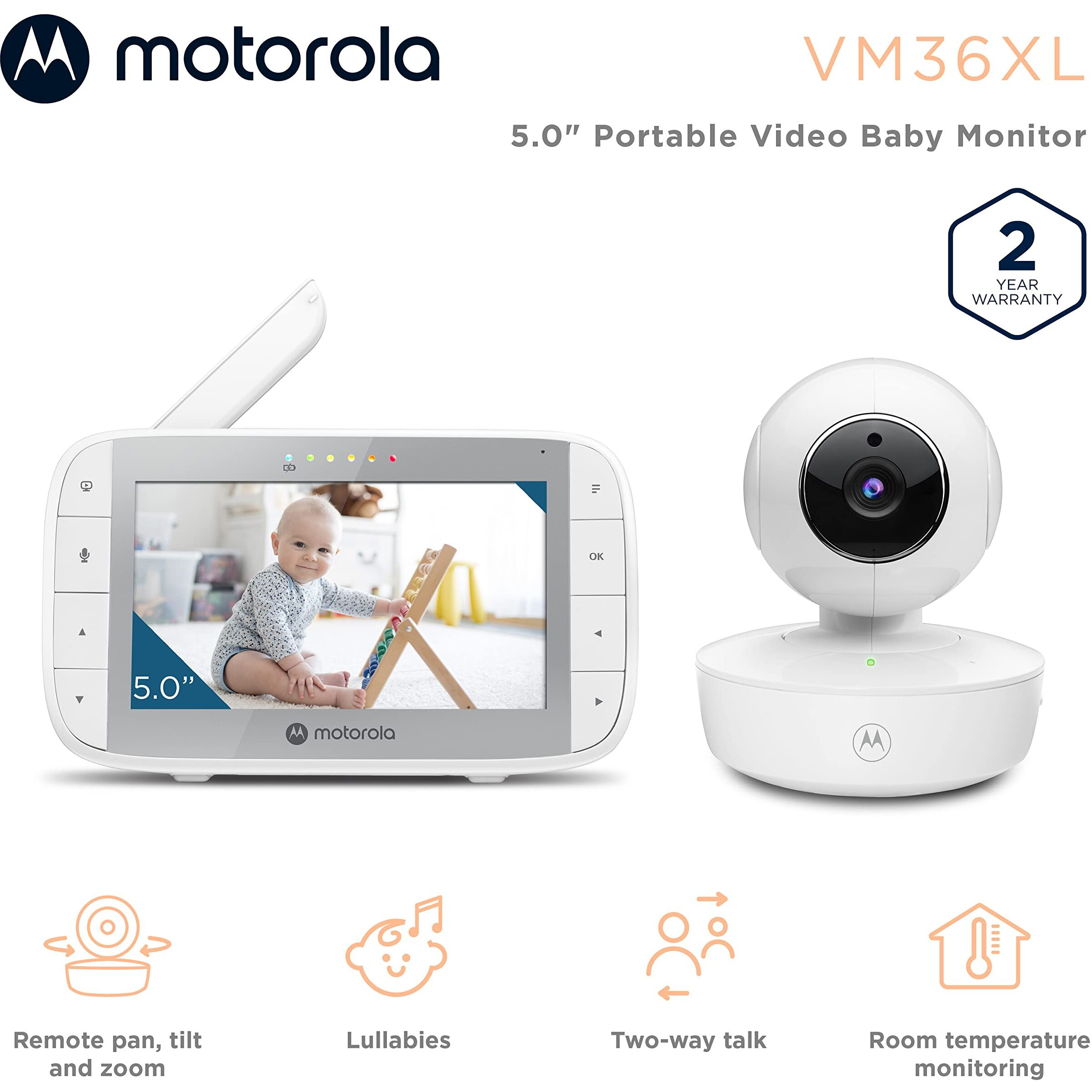 Motorola Baby Monitor Vm36Xl - Indoor Video With Camera  480X272P  1000Ft Range  2.4 Ghz Wireless 5"" Screen  2-Way Audio  Remote Pan  Tilt  Zoom  Room Temperature Sensor  Lullabies  Night Vision
