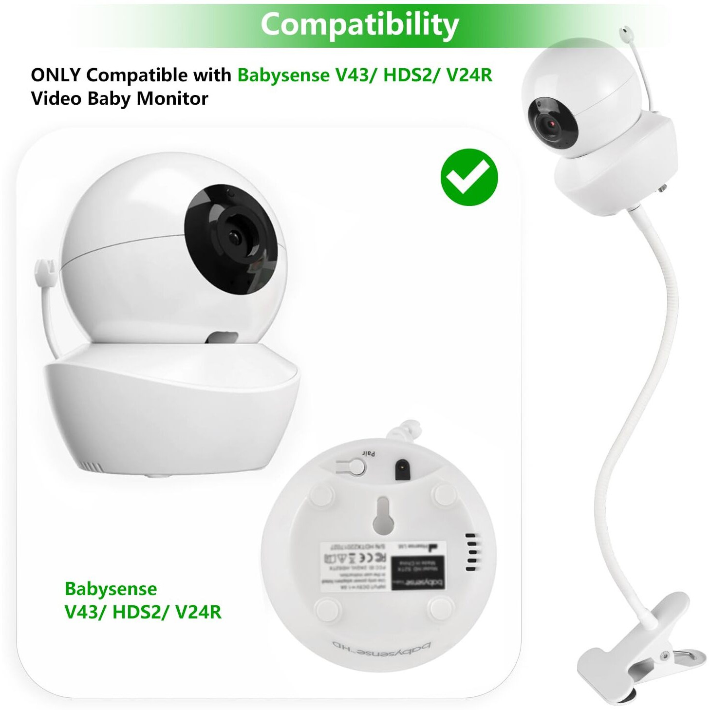 Flexible Baby Monitor Mount For Babysense V43/Hds2/V24R Video Baby Monitor  Gooseneck Baby Monitor Stand With Perfect View Angle And Easy Installation  Attach To Wherever You Want - White