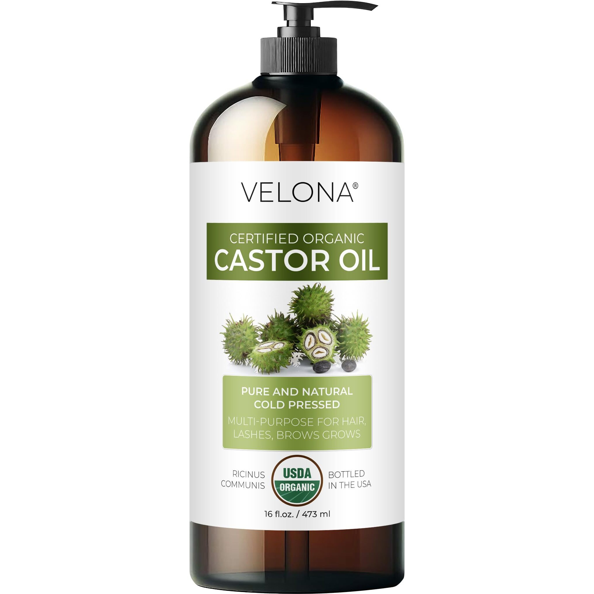 Velona Usda Certified Organic Castor Oil - 16 Oz (With Pump) | For Hair Growth  Boost Eyelashes  Eyebrows | Cold Pressed  Natural Oil  Usp Grade | Hexane Free  Lash Serum  Caster