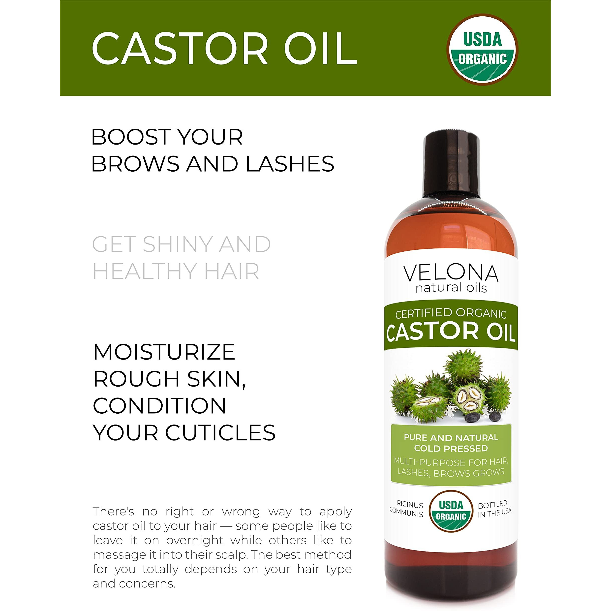 Velona Usda Certified Organic Castor Oil - 16 Oz (With Pump) | For Hair Growth  Boost Eyelashes  Eyebrows | Cold Pressed  Natural Oil  Usp Grade | Hexane Free  Lash Serum  Caster