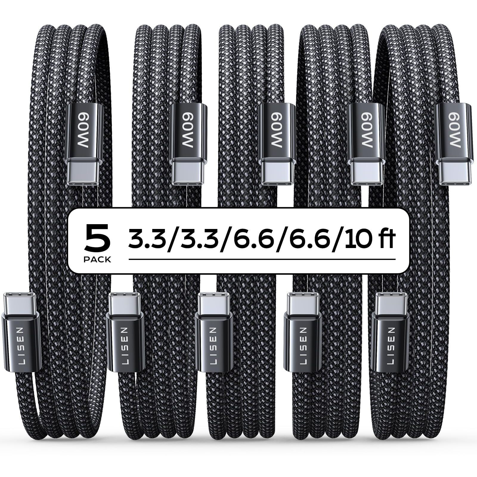 Lisen Usb C Cable  5-Pack [3.3/3.3/6.6/6.6/10Ft] Usbc To Usbc Cable For Iphone 15 Pro Max Plus  60W (3.1A) C To C Cable Fast Charging For Samsung S24/23  Ipad 10Th/Pro/Air 11-13Inch  Macbook Air/Pro