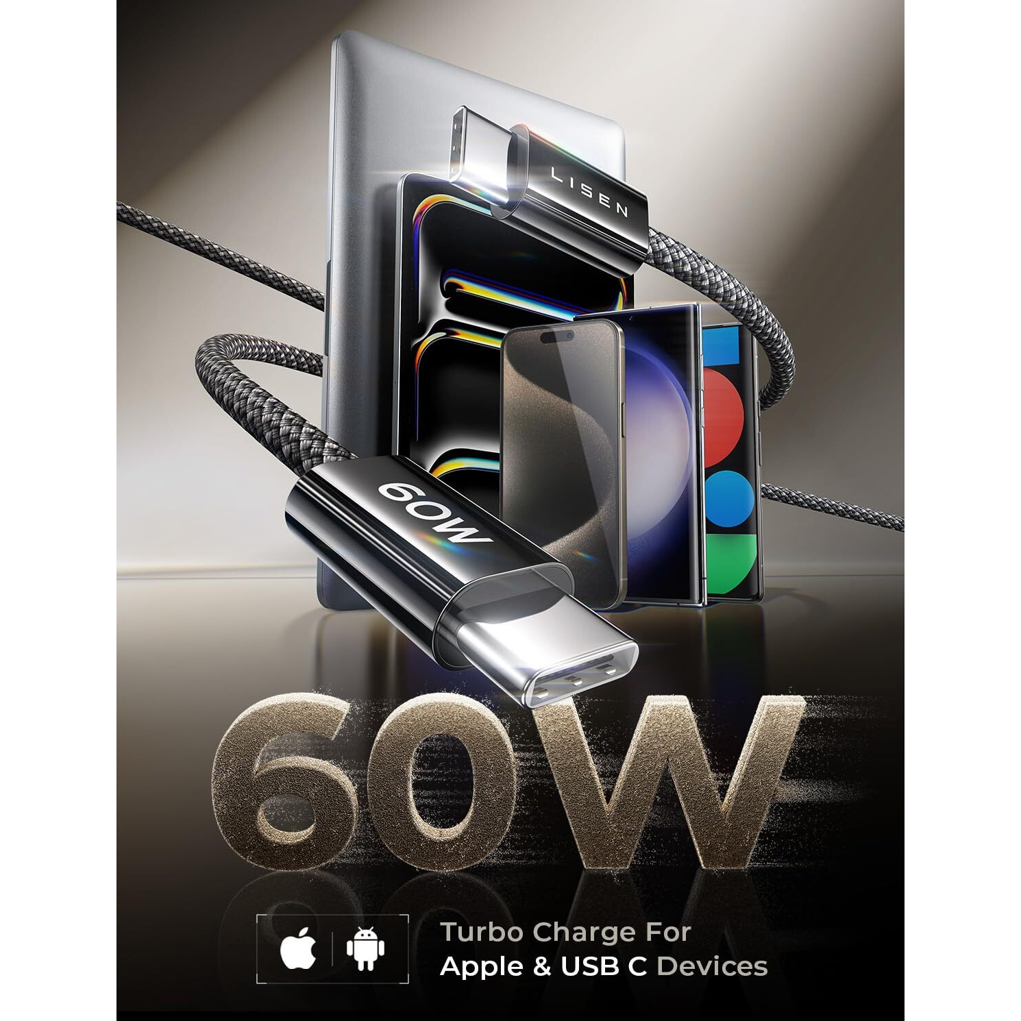 Lisen Usb C Cable  5-Pack [3.3/3.3/6.6/6.6/10Ft] Usbc To Usbc Cable For Iphone 15 Pro Max Plus  60W (3.1A) C To C Cable Fast Charging For Samsung S24/23  Ipad 10Th/Pro/Air 11-13Inch  Macbook Air/Pro