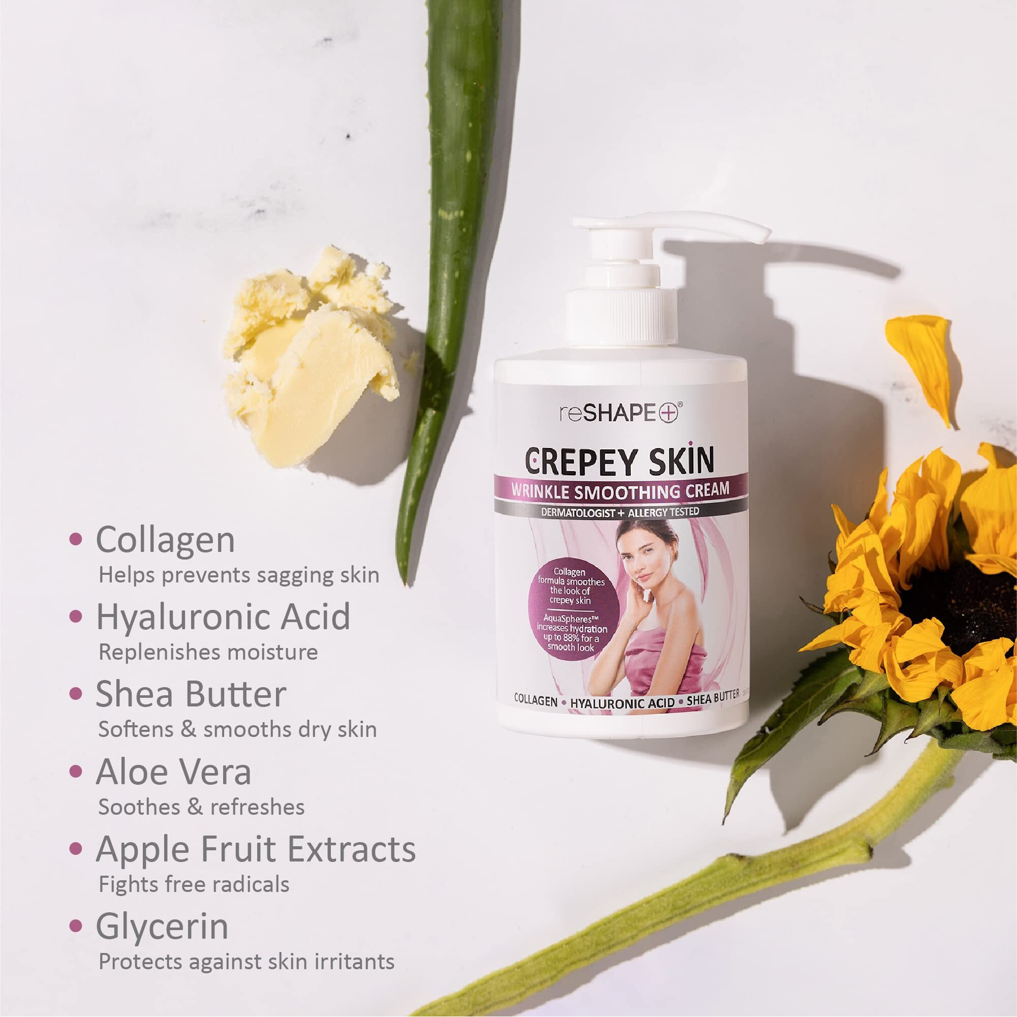Reshape+ Collagen Body & Face Cream Moisturizing Skin Care Lotion  Skin Tightening Cellulite Body Lotion Improves Skin Elasticity  Plumps Sagging Skin W/Green Tea  Aloe Vera  & Chamomile  15 Fl Oz