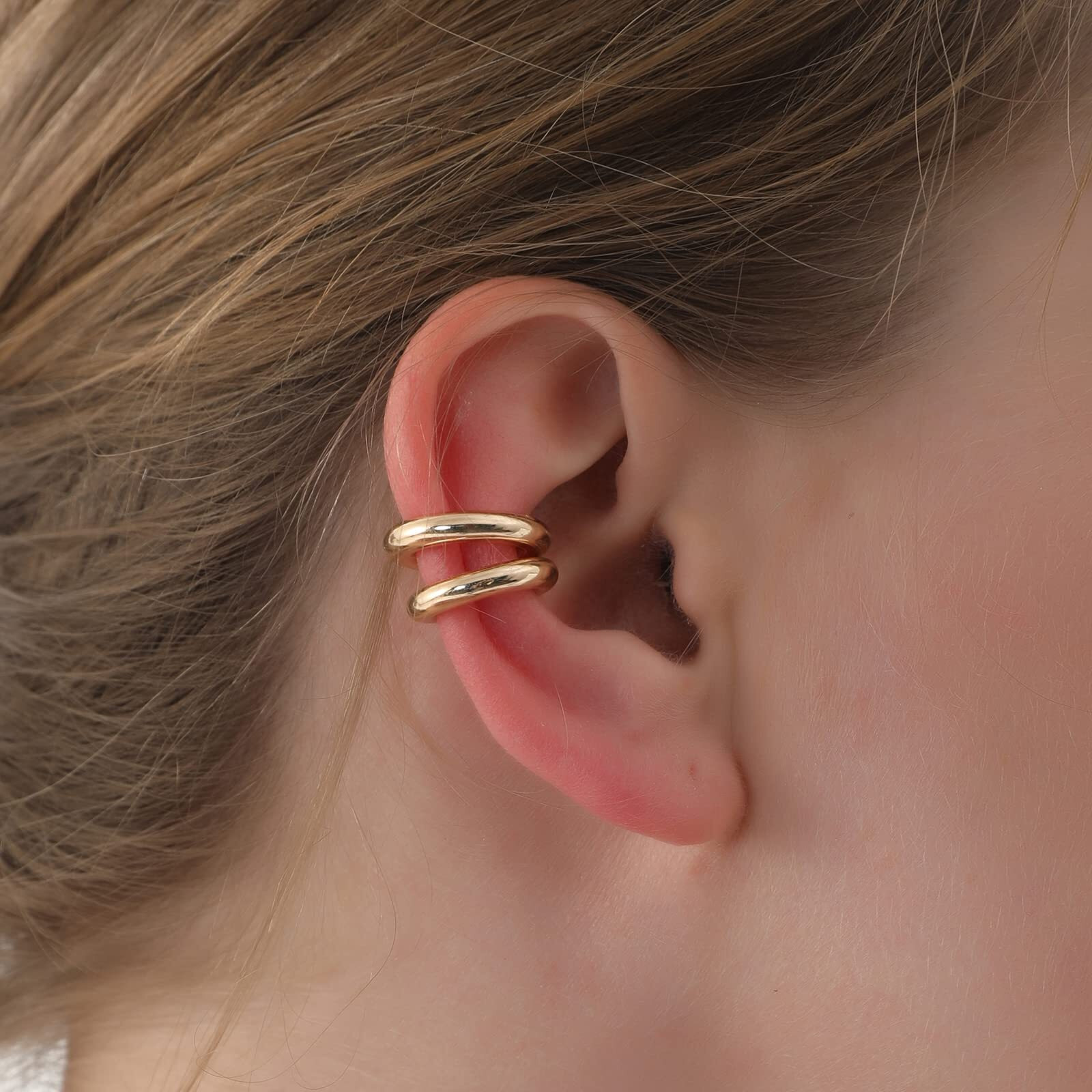 Preskiers Ear Cuffs For Women Ear Cuff  Chunky Huggie Hoop Earrings Cartilage Upper Non Piercing 14K Gold And Silver Set 2Pcs