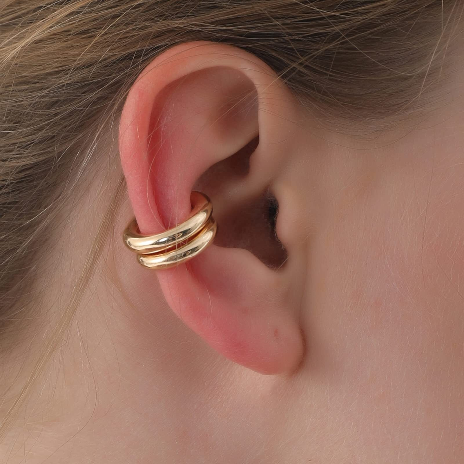 Preskiers Ear Cuffs For Women Ear Cuff  Chunky Huggie Hoop Earrings Cartilage Upper Non Piercing 14K Gold And Silver Set 2Pcs