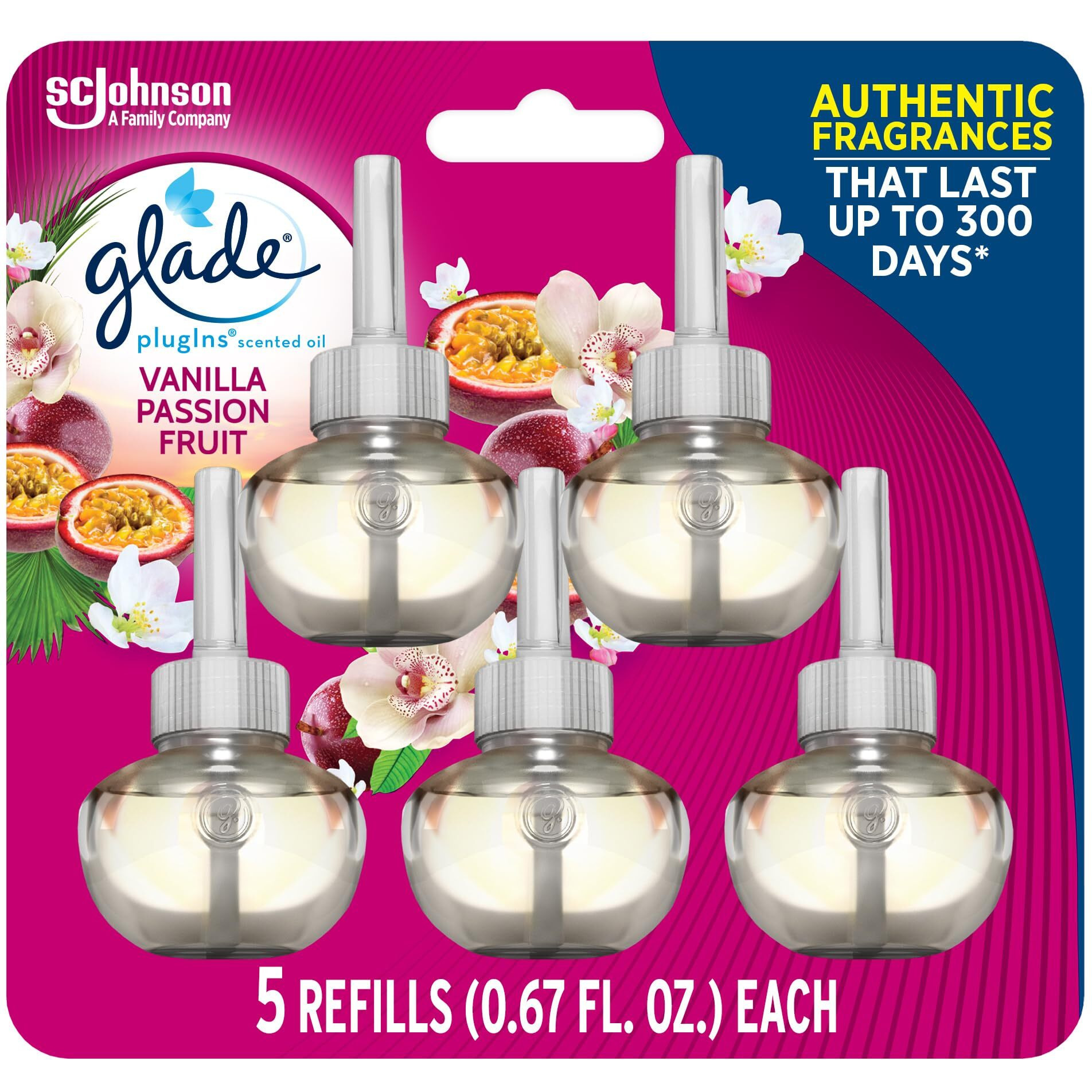 Glade Plugins Refills Air Freshener  Scented And Essential Oils For Home And Bathroom  Vanilla Passion Fruit  3.35 Fl Oz  5 Count