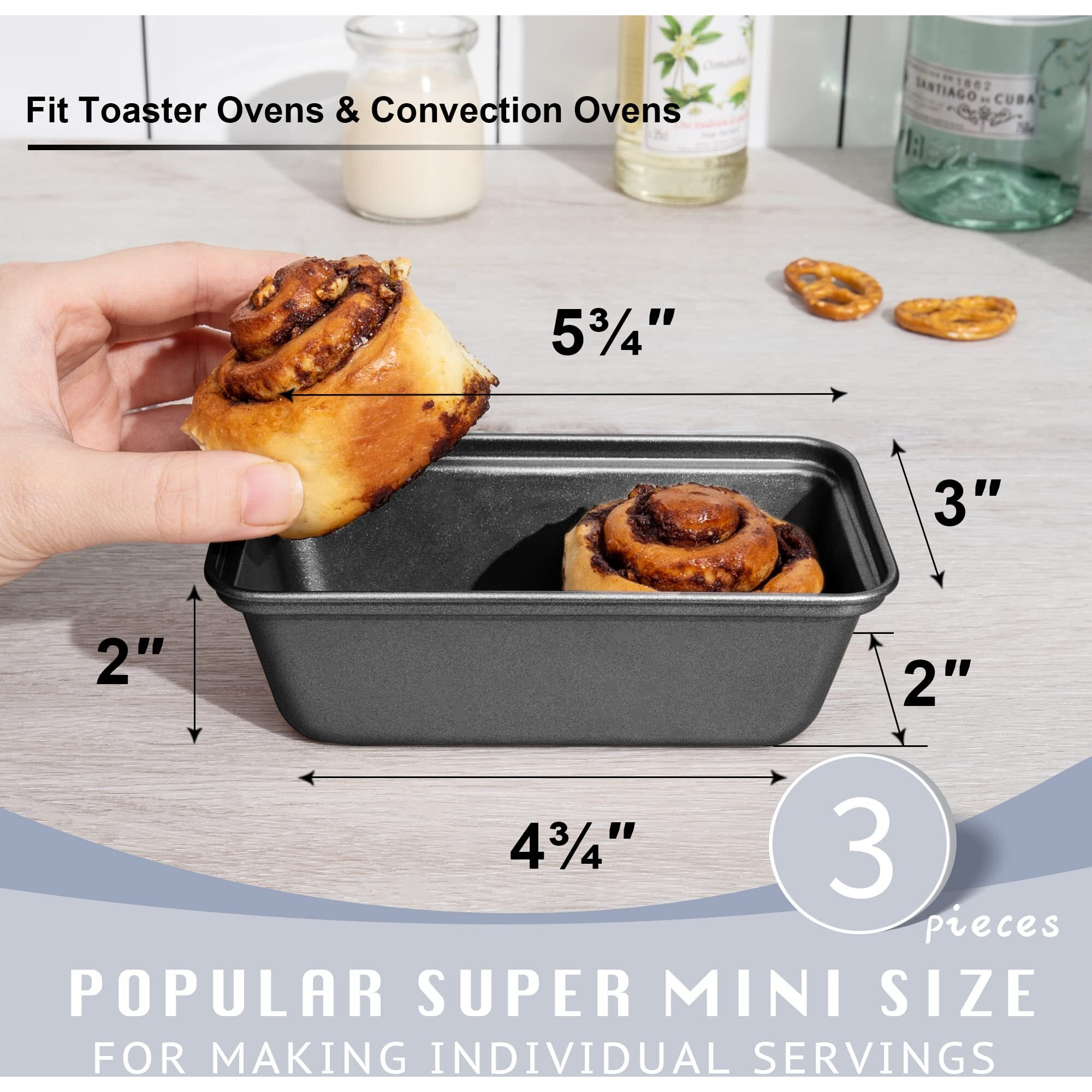 Hongbake Mini Loaf Pan For Baking Bread  6 X 3.3 X 2 In Nonstick Small Banana Bread Tins Set Of 3  Tiny Carbon Steel Meatloaf Pan - Dark Grey