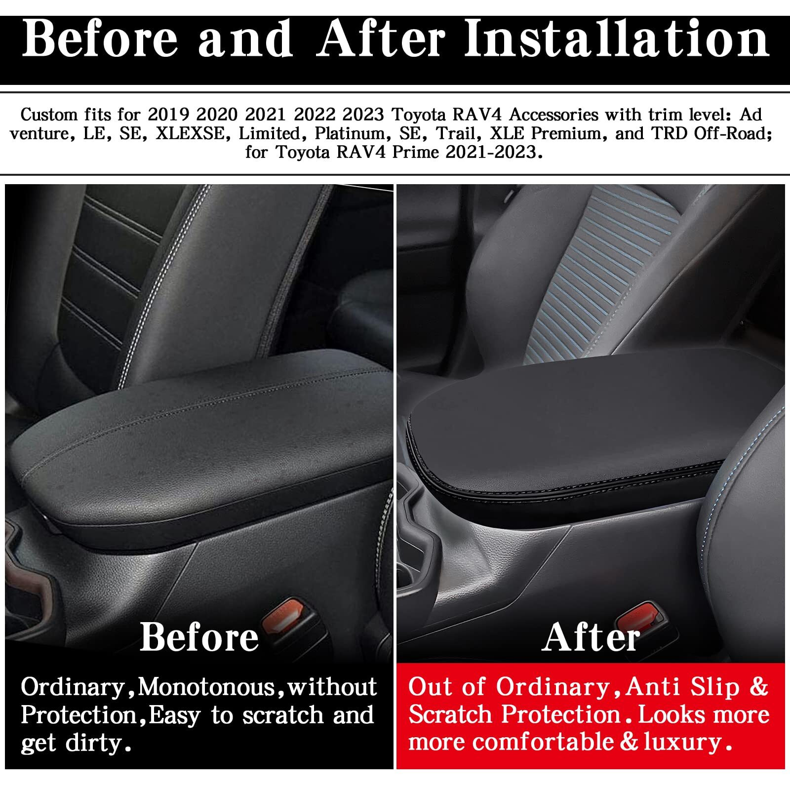 Auprite Center Console Armrest Cover For Toyota Rav4 2019-2023 2024  Auto Armrest Protector Organizer Pad For Rav4 Interior Accessories (Black With Black Stitches)
