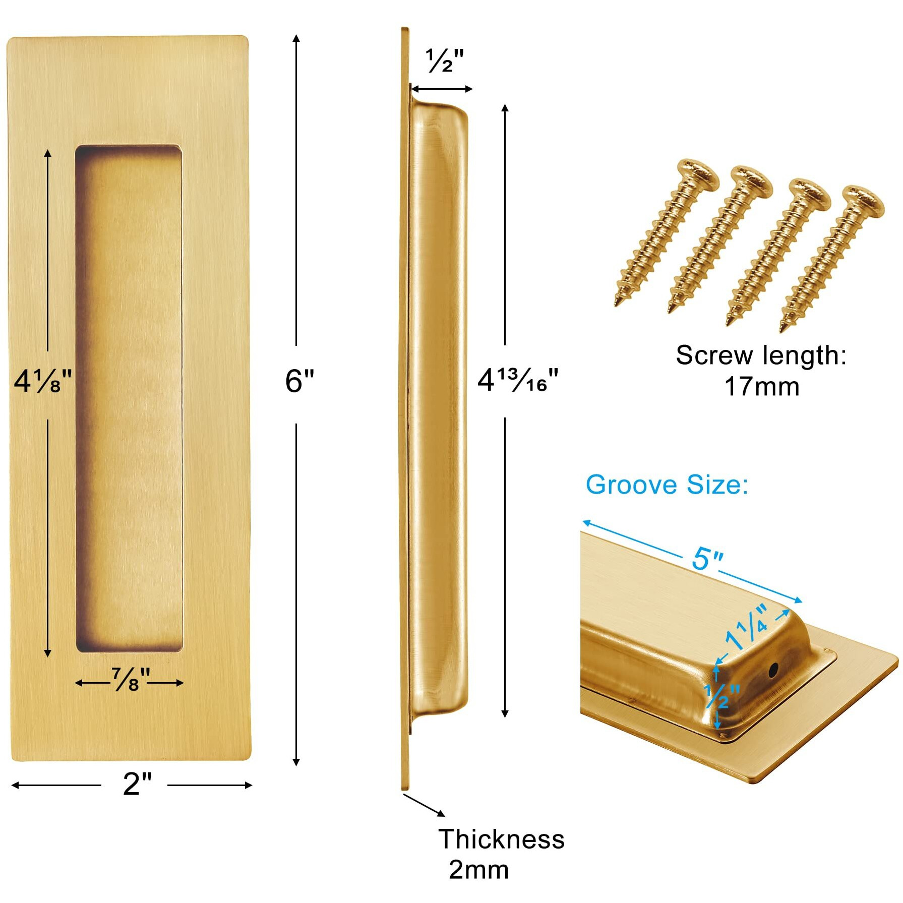 Malimali 6 Inch Recessed Finger Flush Pulls For Pocket Door Closet Door  Sliding Barn Door Handle  Brushed Gold Stainless Steel Rectangular Door Pulls Hardware(2 Pack)